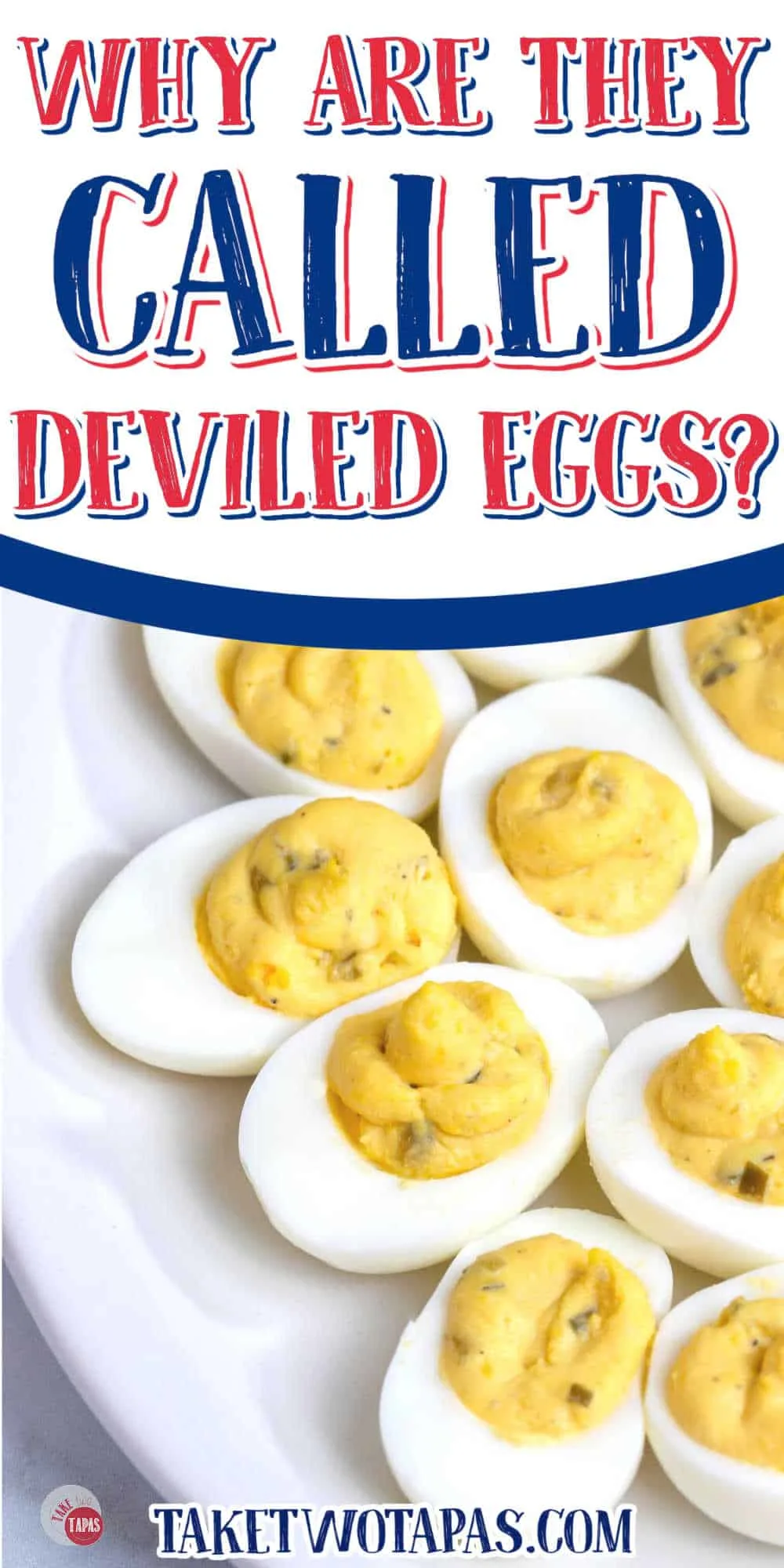 platter of egg halves with white banner and text