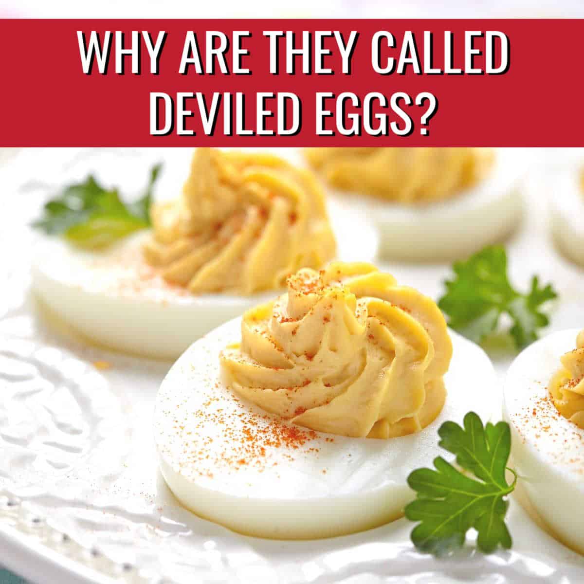 close up of deviled egg with red banner and white text