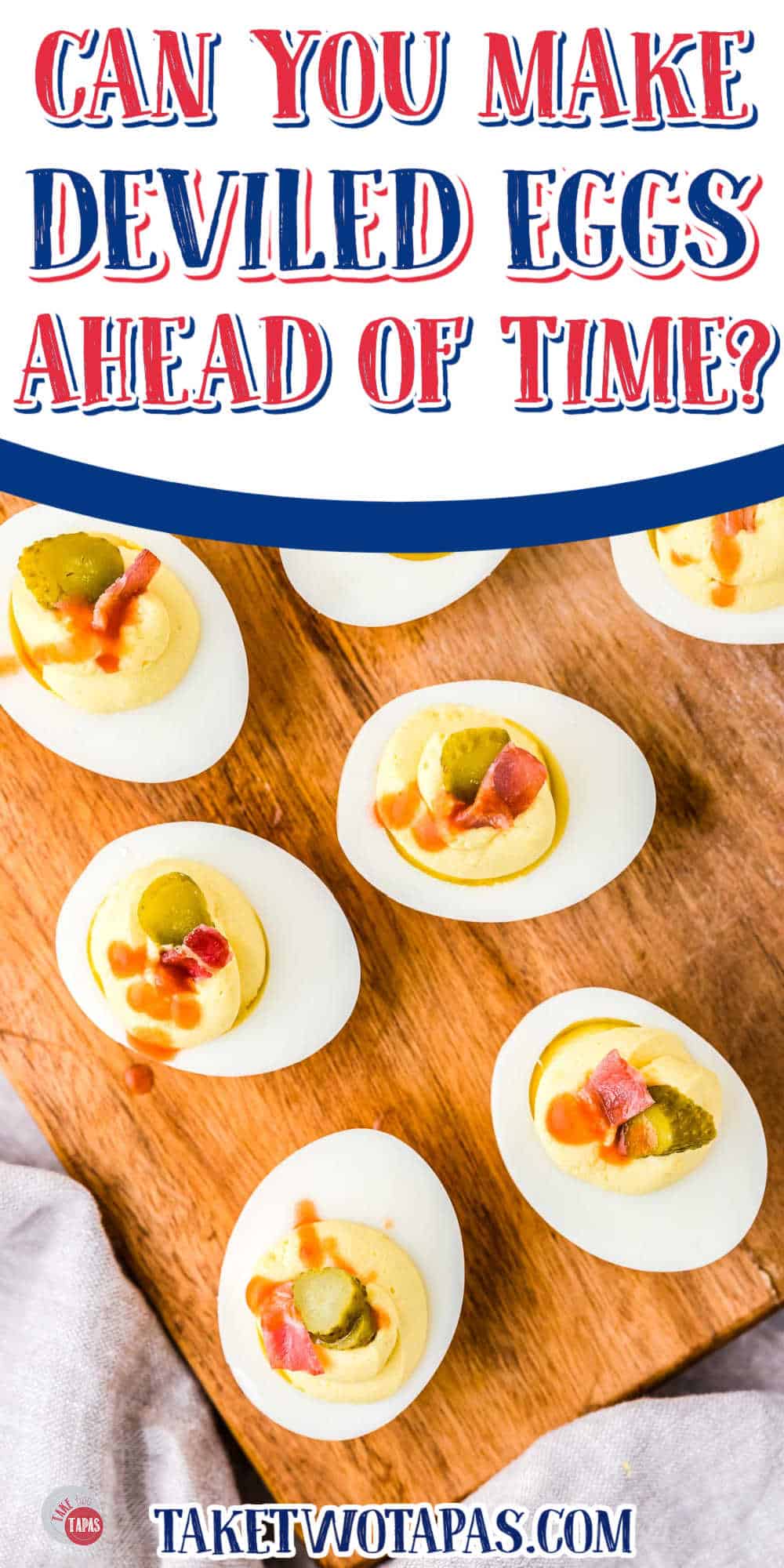 overhead of deviled eggs with white banner and text