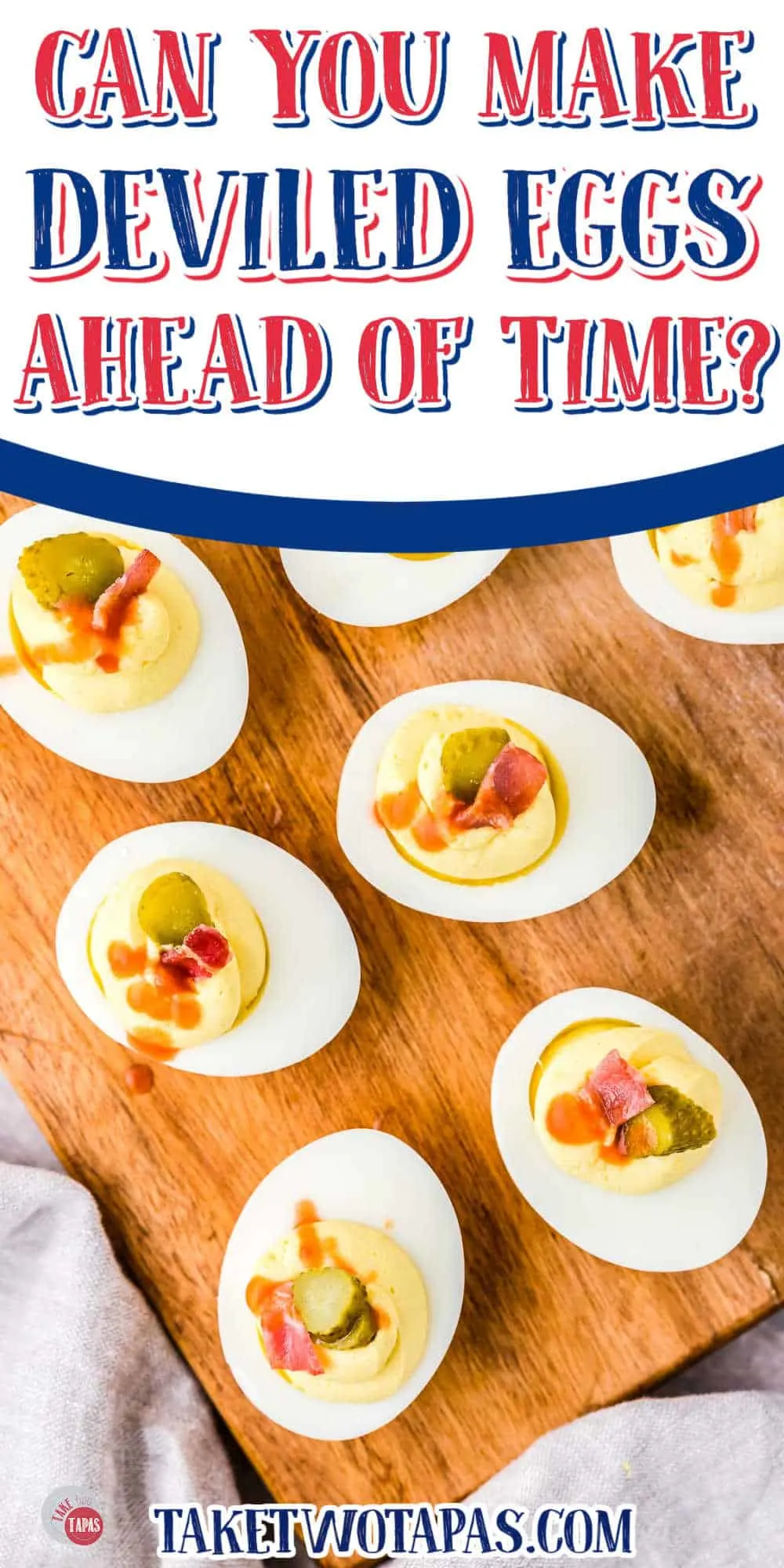 overhead of deviled eggs with white banner and text