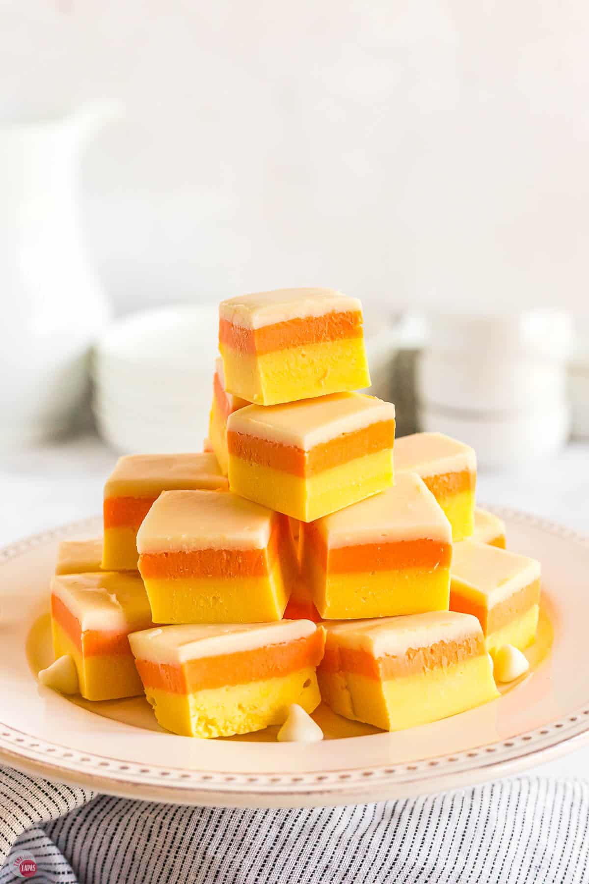 stack of fudge on white platter