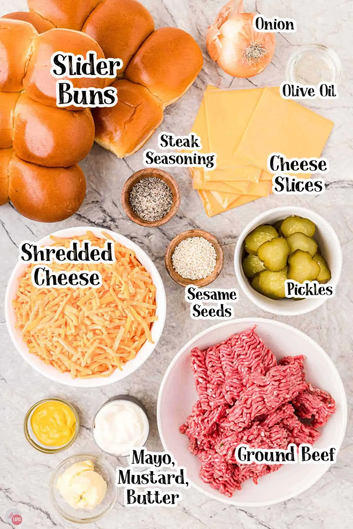labeled picture of slider ingredients in individual bowls