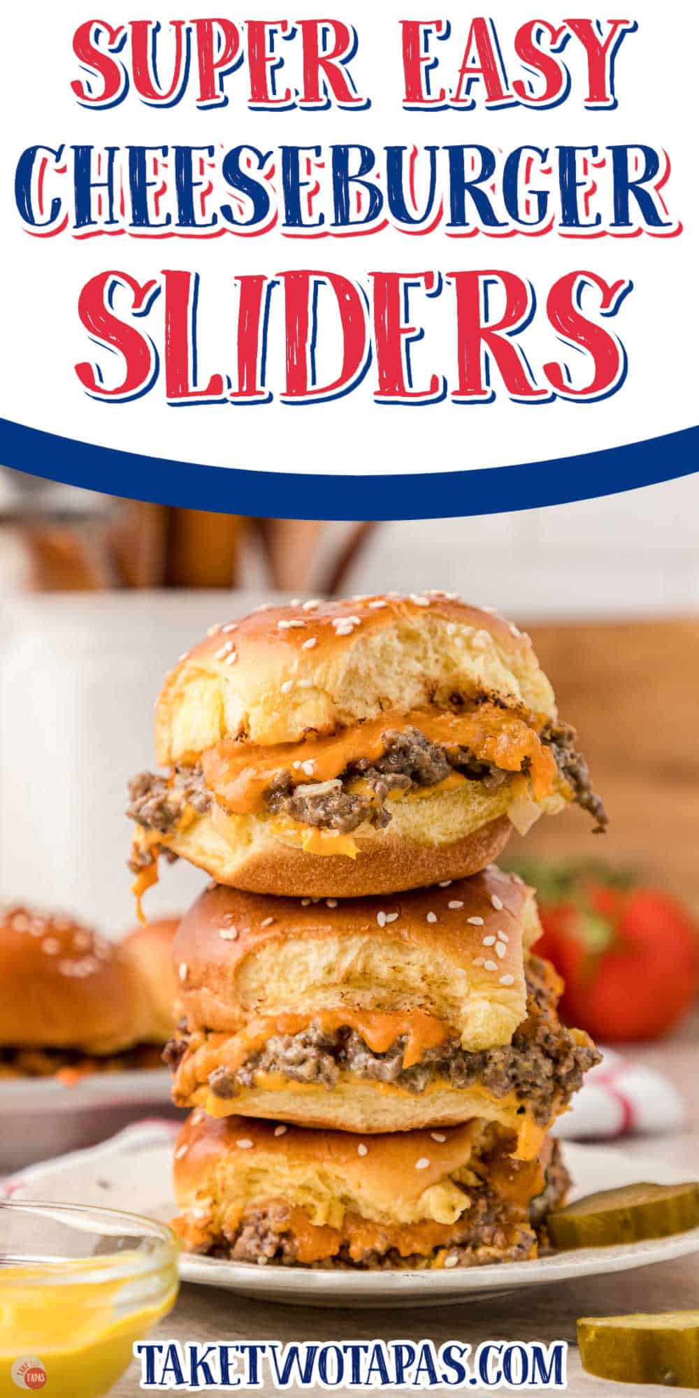 stack of cheeseburger sliders with text