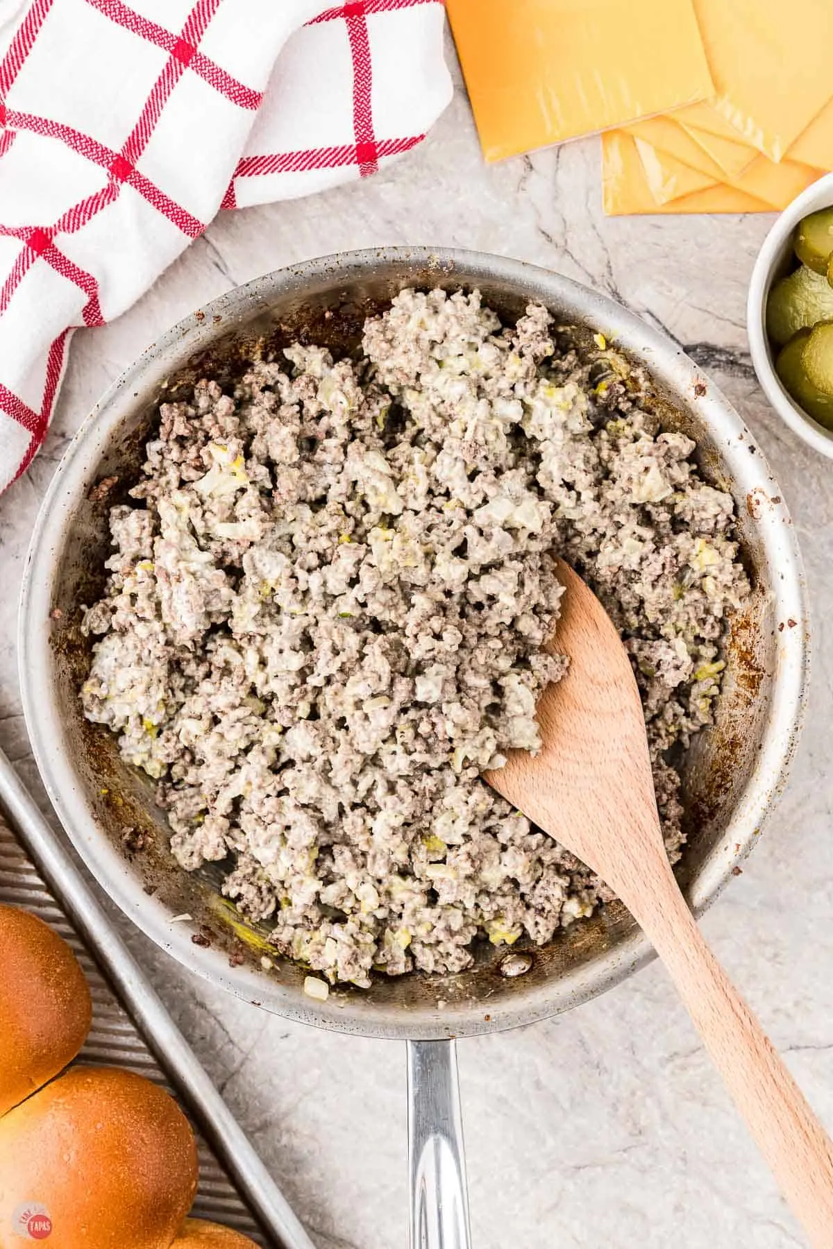 cooked ground beef in a skillet