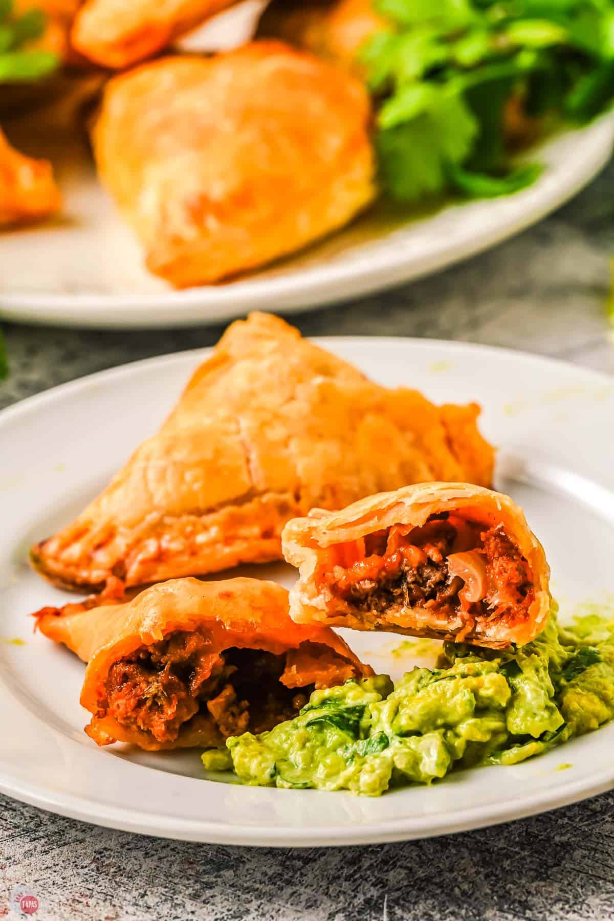 plate with a chicken empanada torn in half and some guacamole