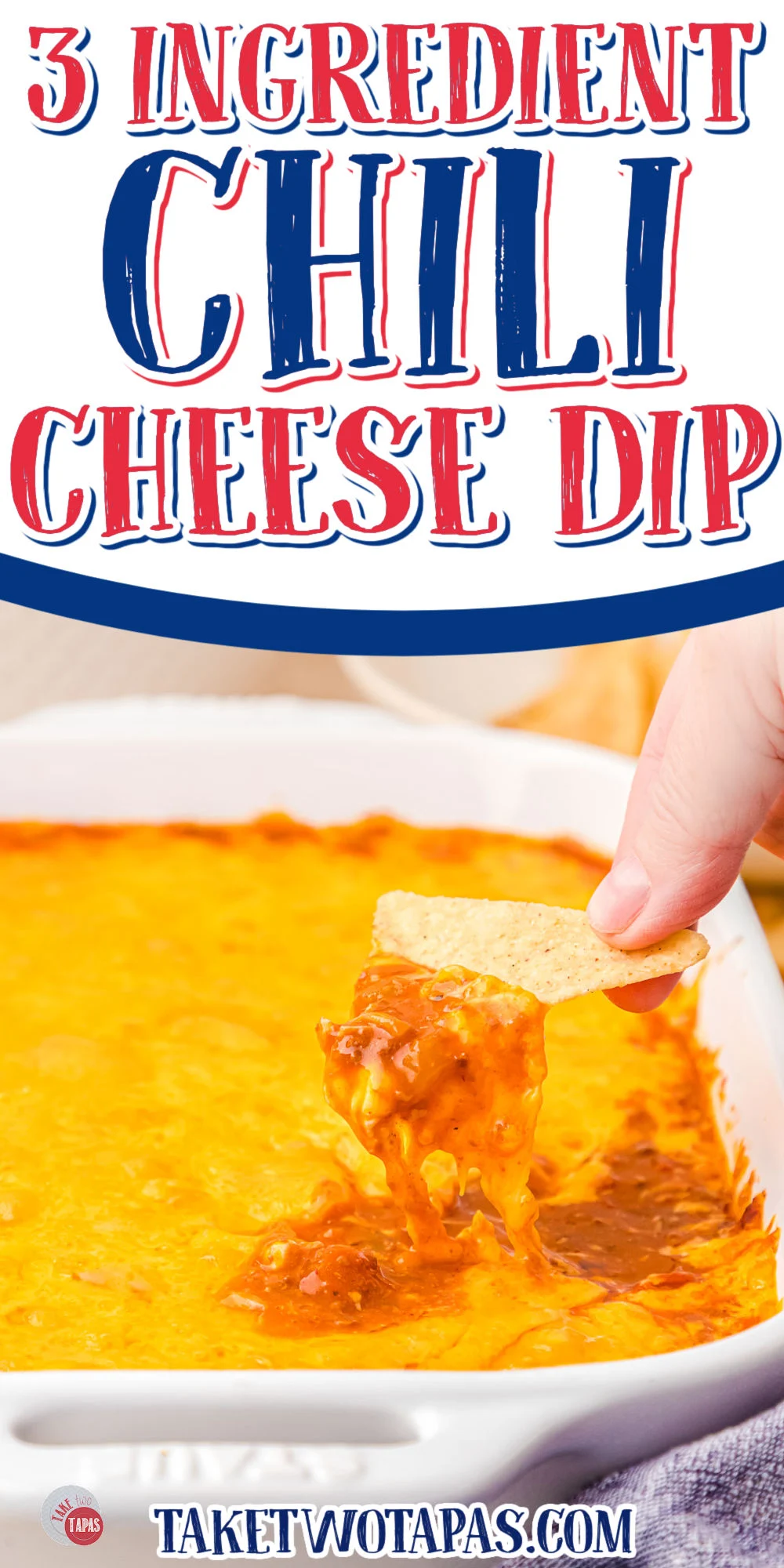 tortilla chip scooping dip with white banner and text