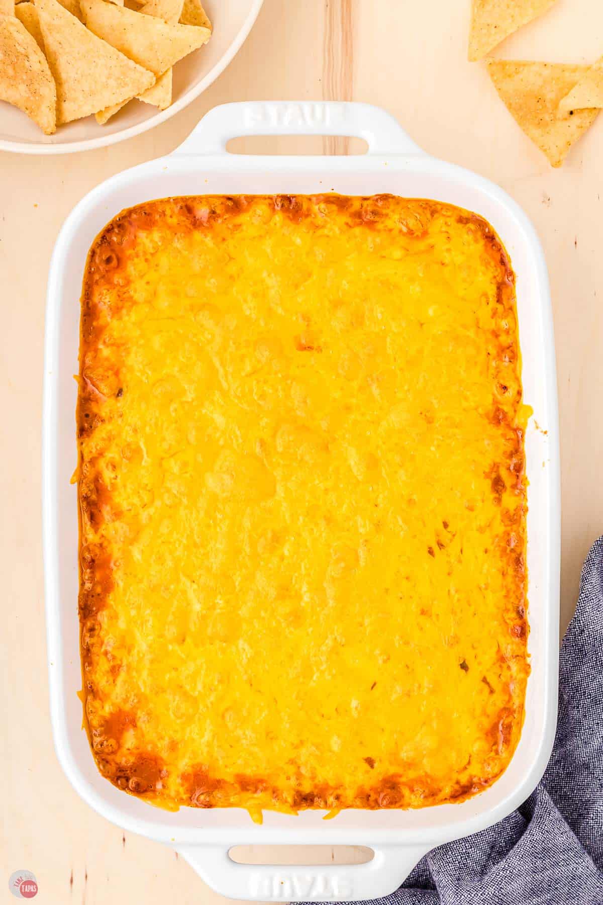 baked chili cheese dip in a casserole dish