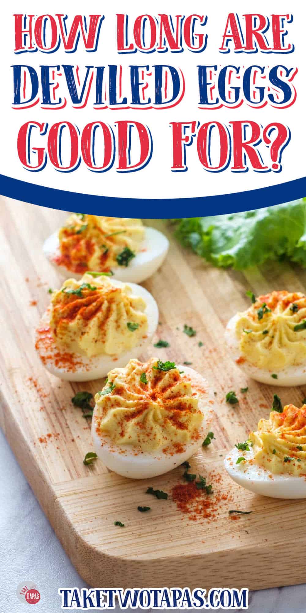 deviled eggs on a wood board with white banner and text