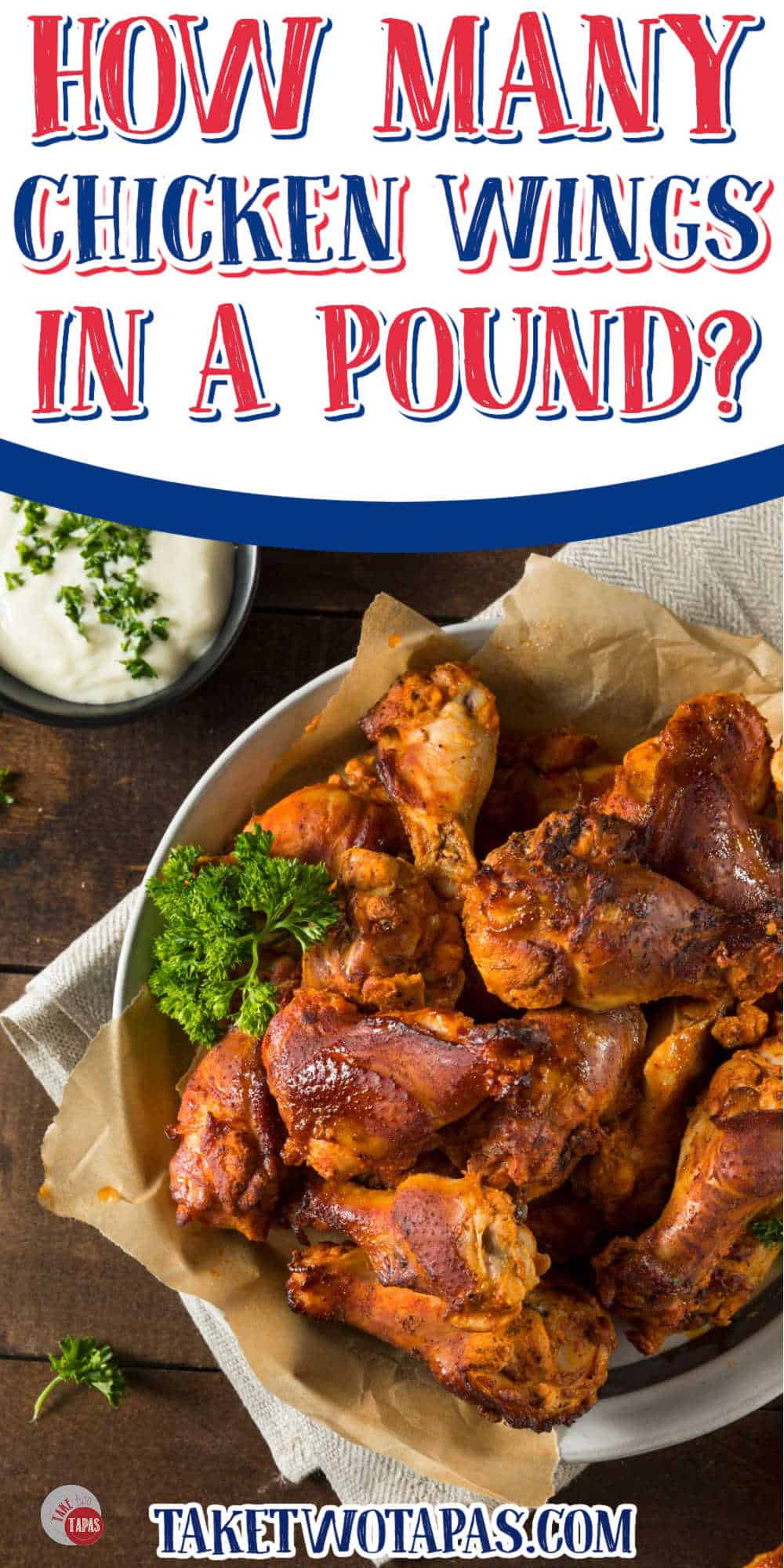 wings on a plate with parsley and white banner with text