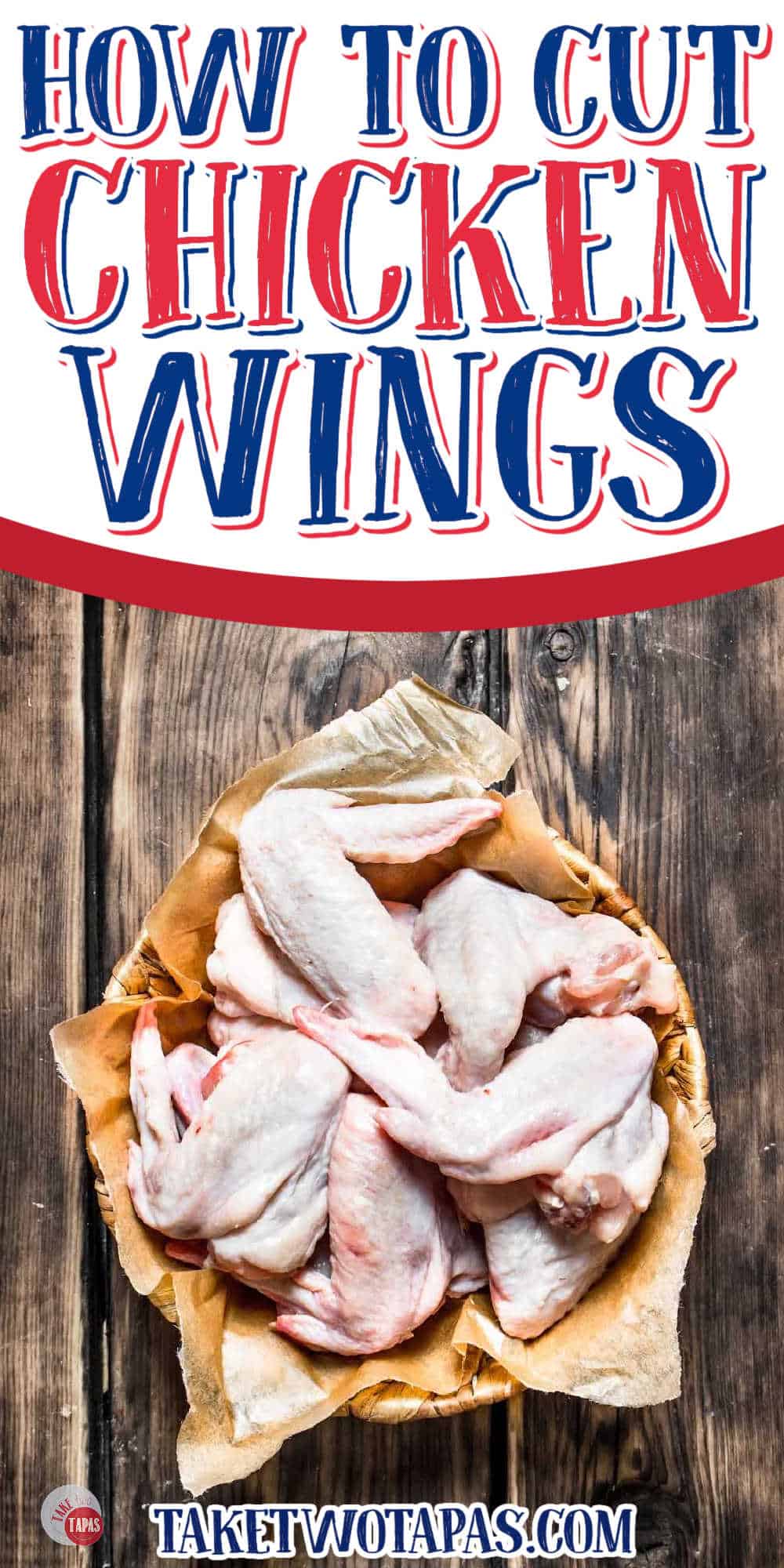 bowl of chicken wings with white banner and red text