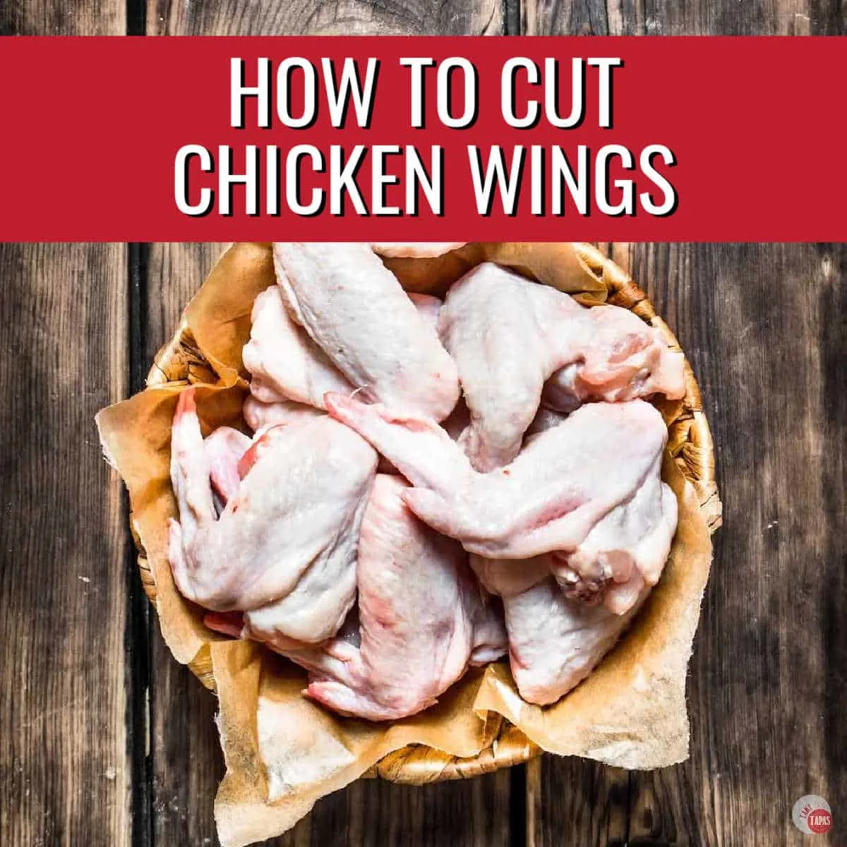 bowl of chicken wings with red banner and white text