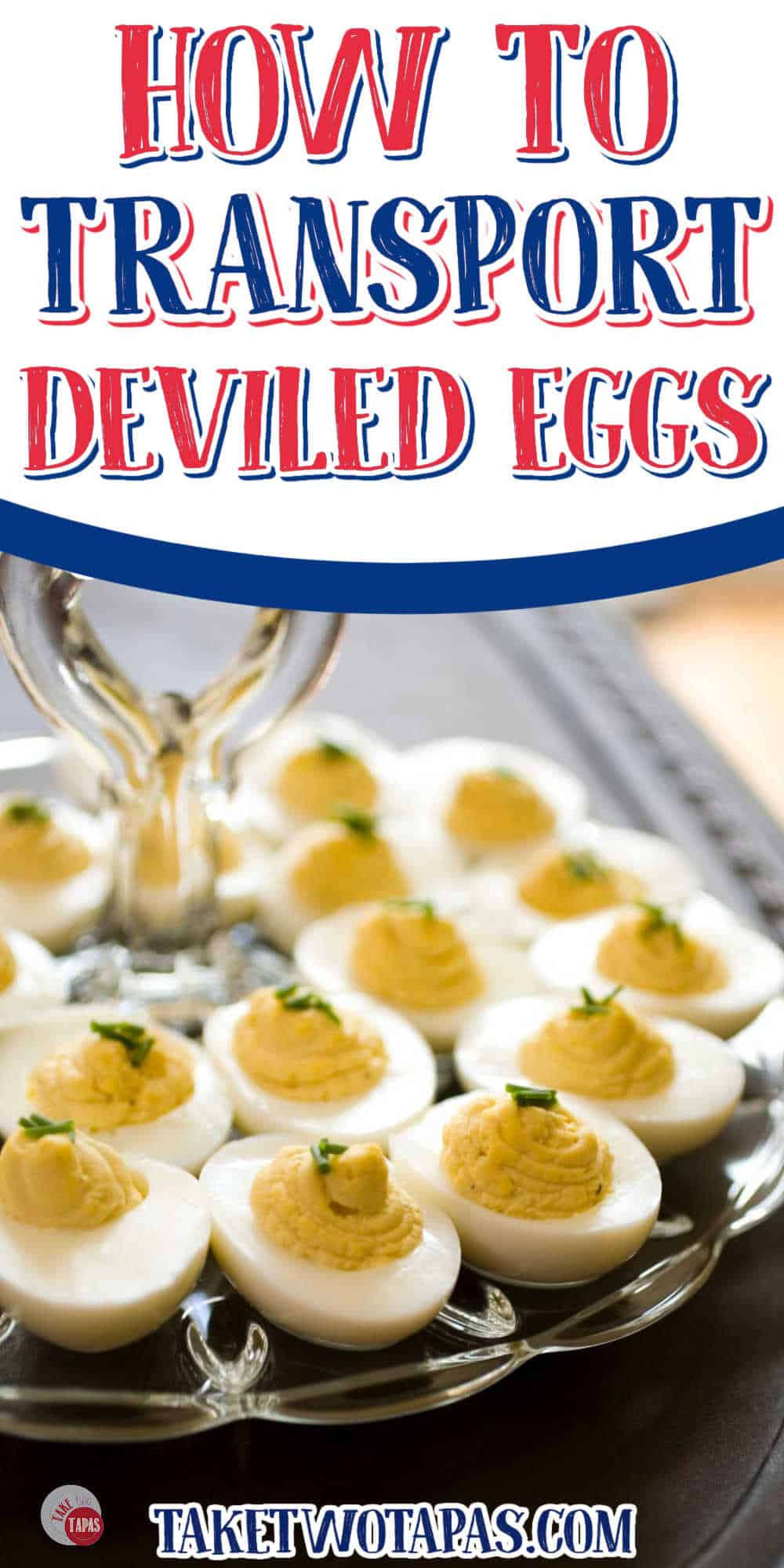 clear tray of deviled eggs with white banner and text
