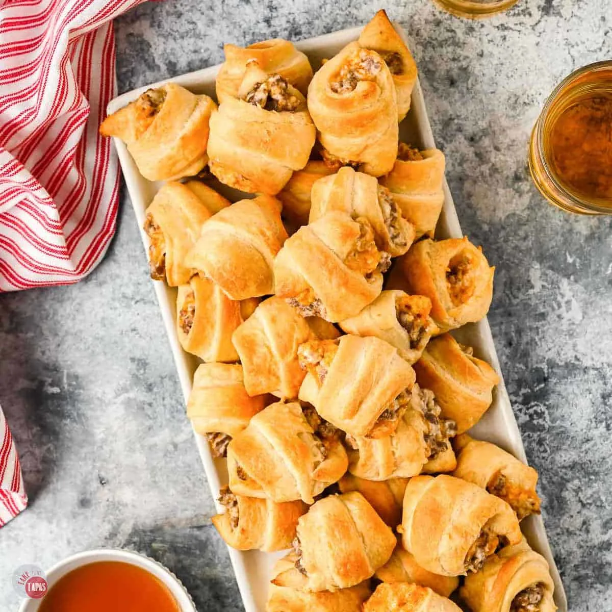 overhead view of tray of sausage cream cheese rolls