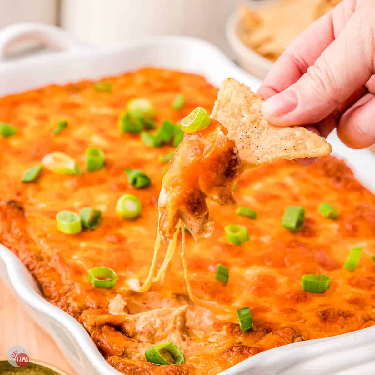 Texas Trash Dip on a chip in a hand