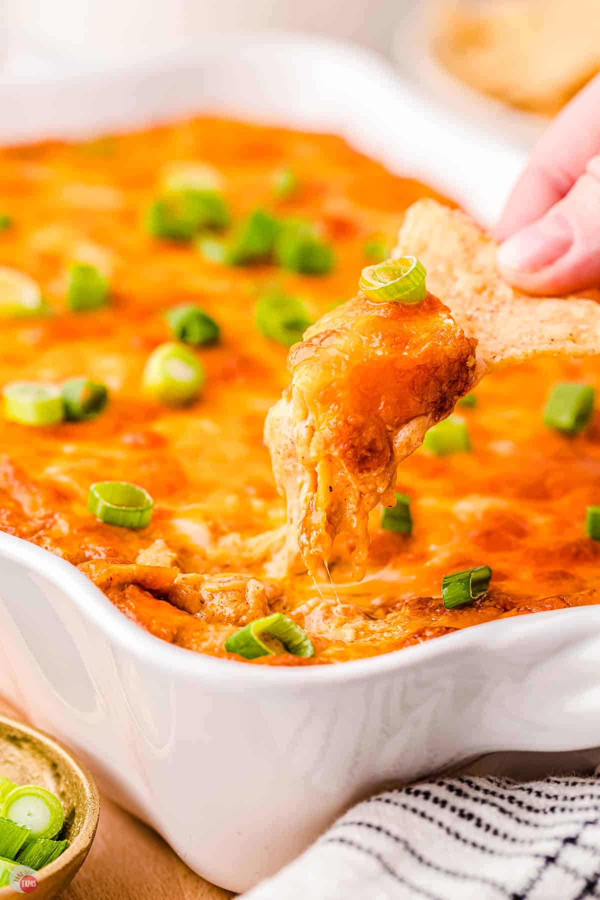 tortilla chip scooping dip out of a dish