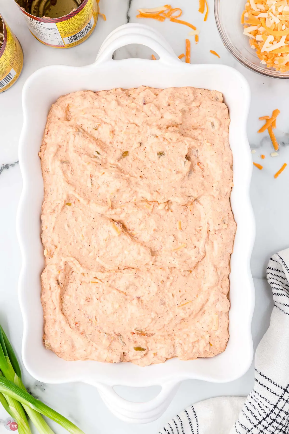 bean dip in a white rectangle dish