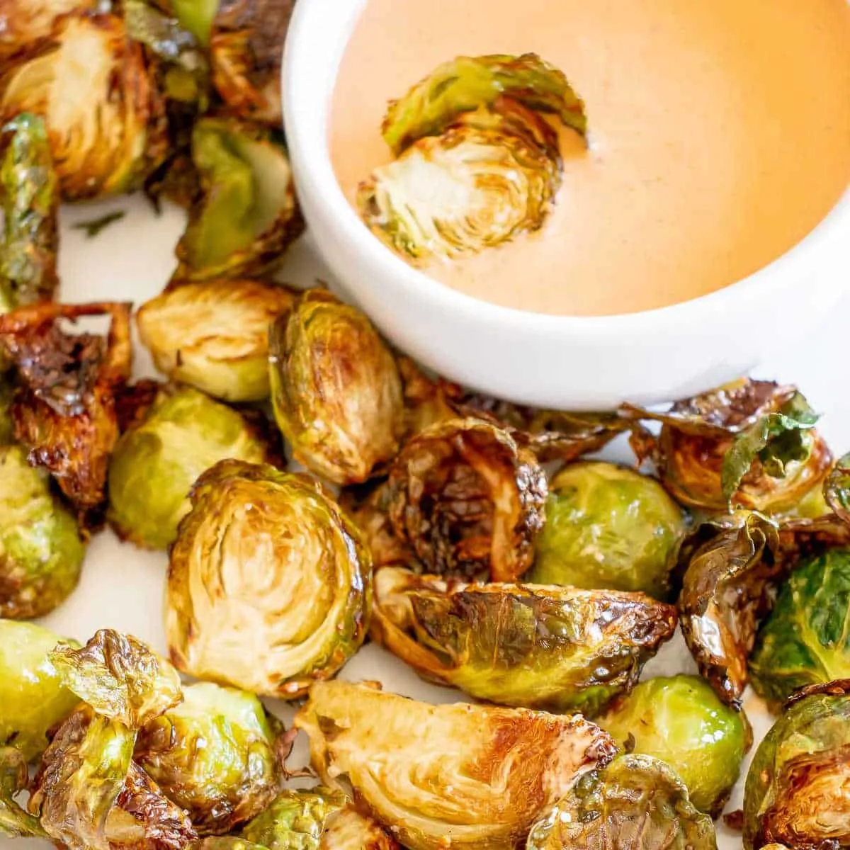 close up view of crispy air fryer Brussels sprouts