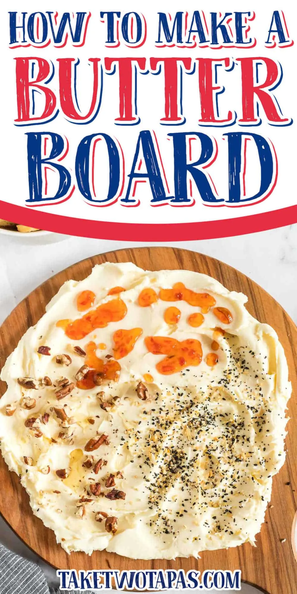 butter board with white banner and text