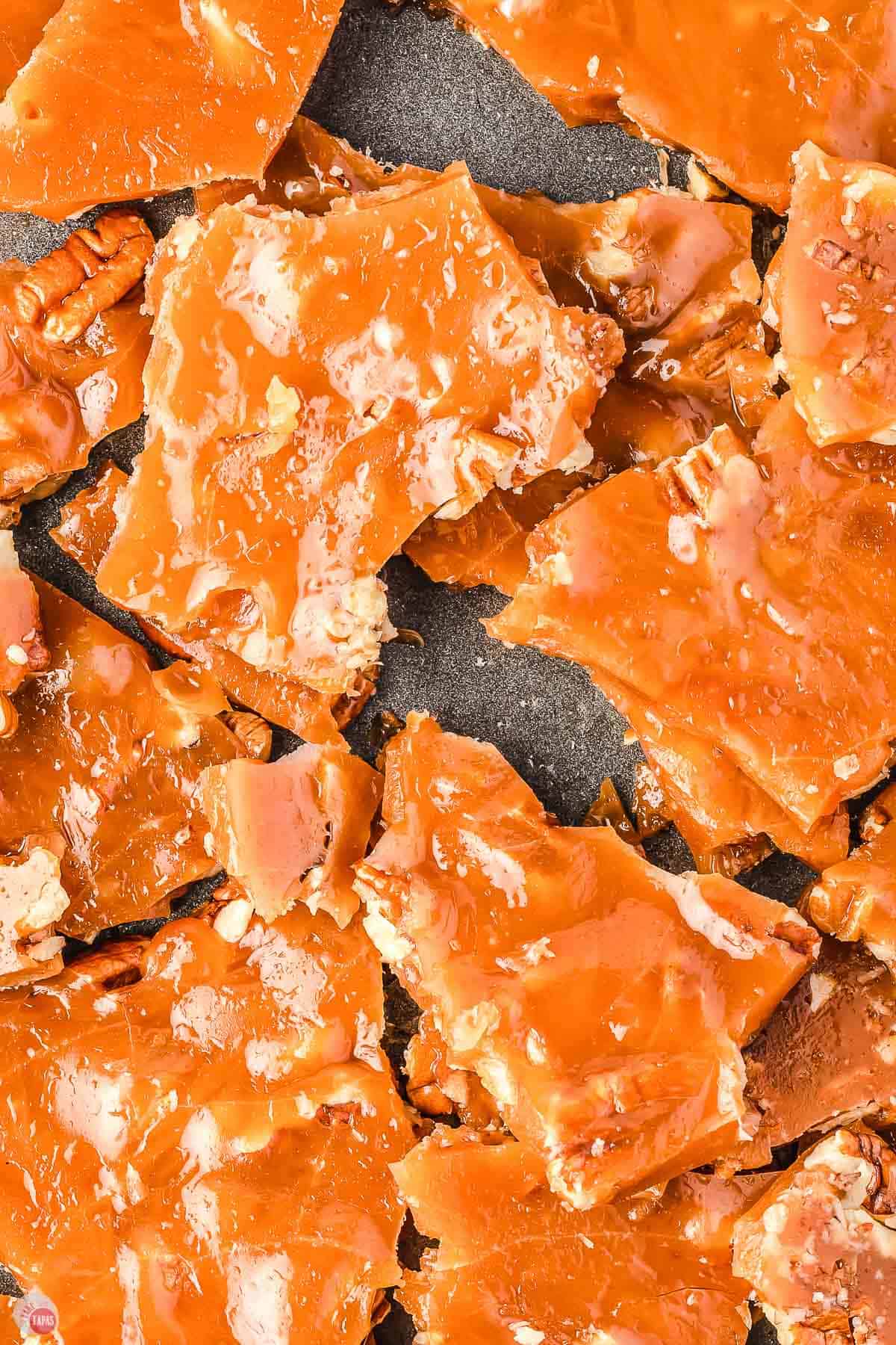 close up of broken toffee pieces