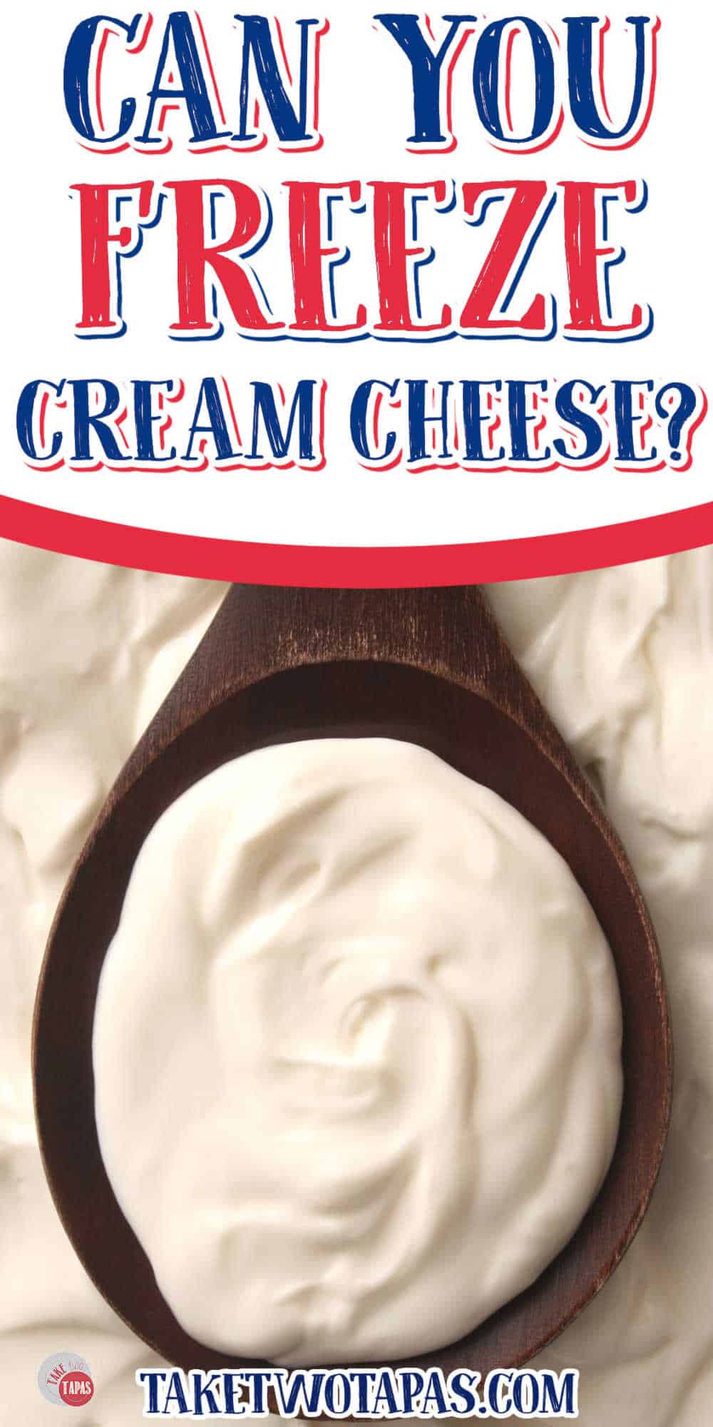 wood spoon of cream cheese with white banner and text
