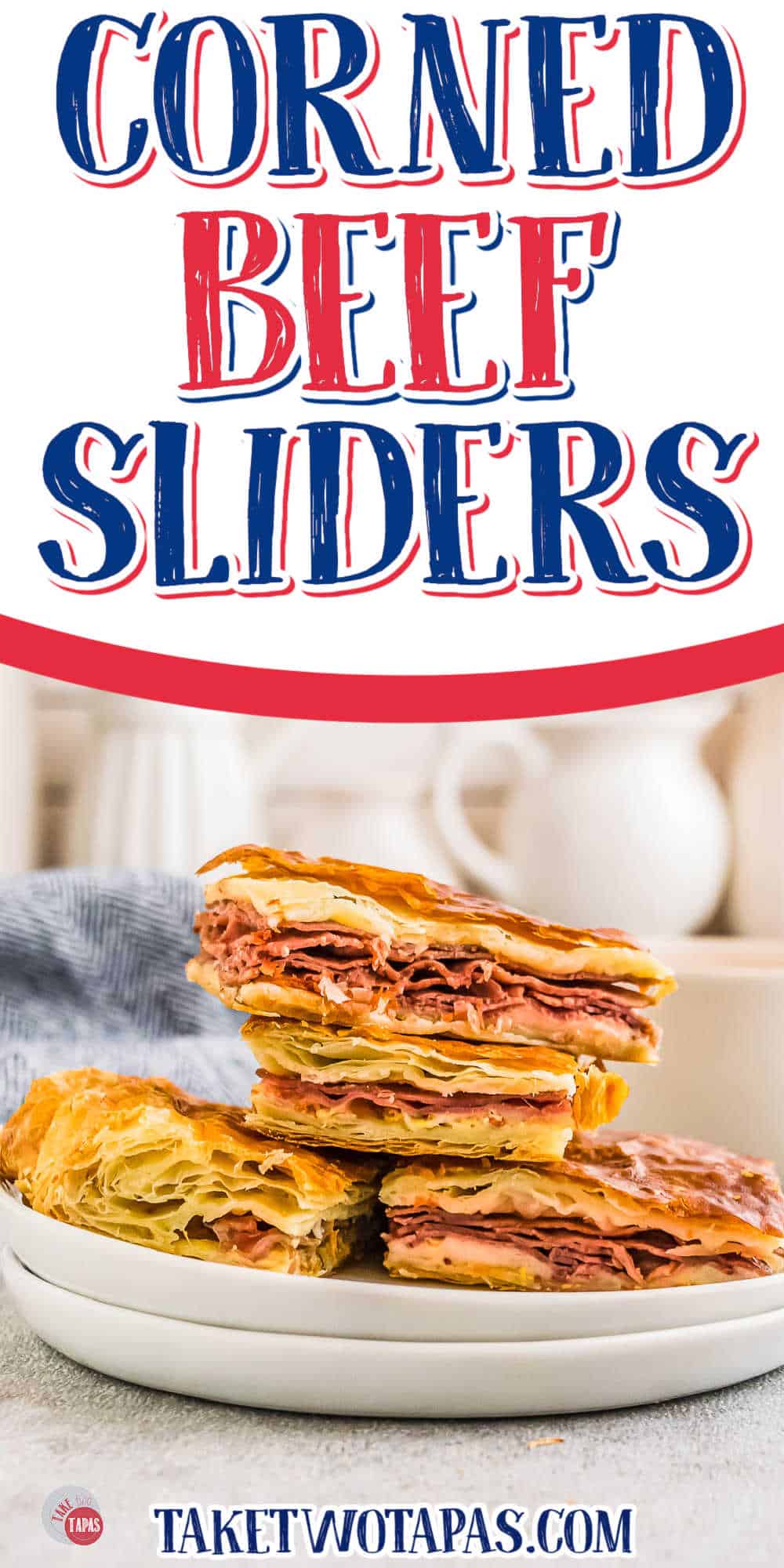 stack of sliders on cutting board with text "corned beef sliders"