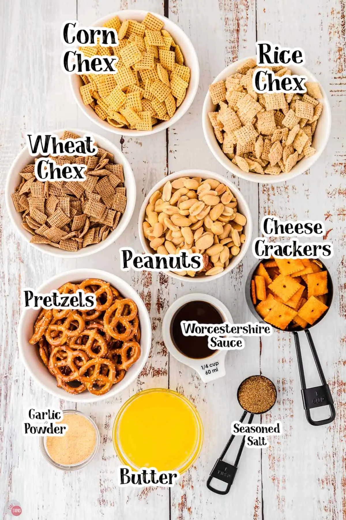 labeled picture of chex mix ingredients in individual bowls