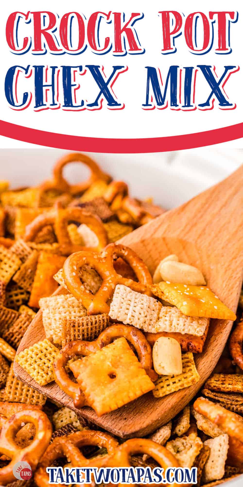 spoon of chex mix with white banner and red text