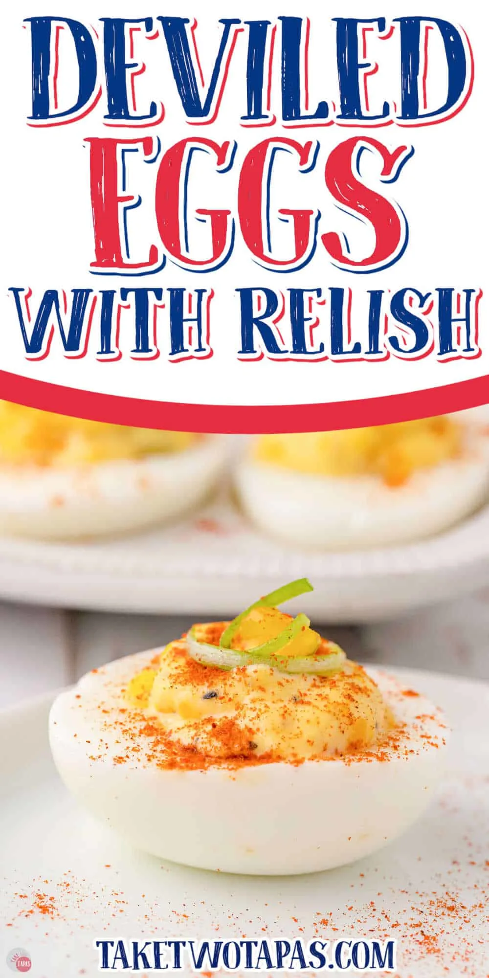 deviled egg with white banner and red and blue text