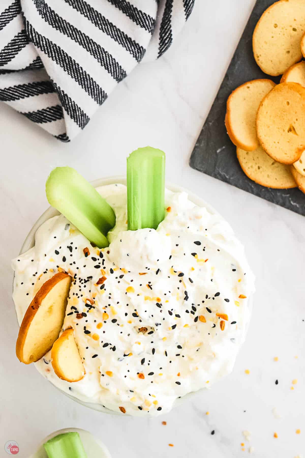 overhead picture of dip with celery