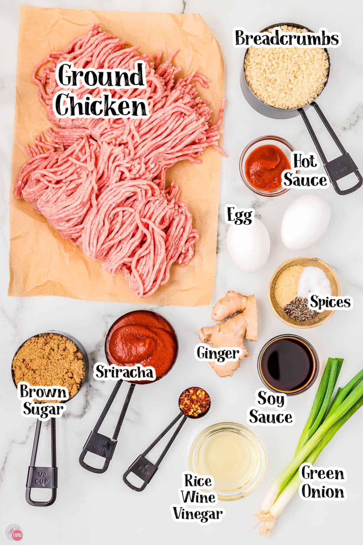 labeled picture of ingredients for firecracker meatball recipe with a pinch of salt on a plate