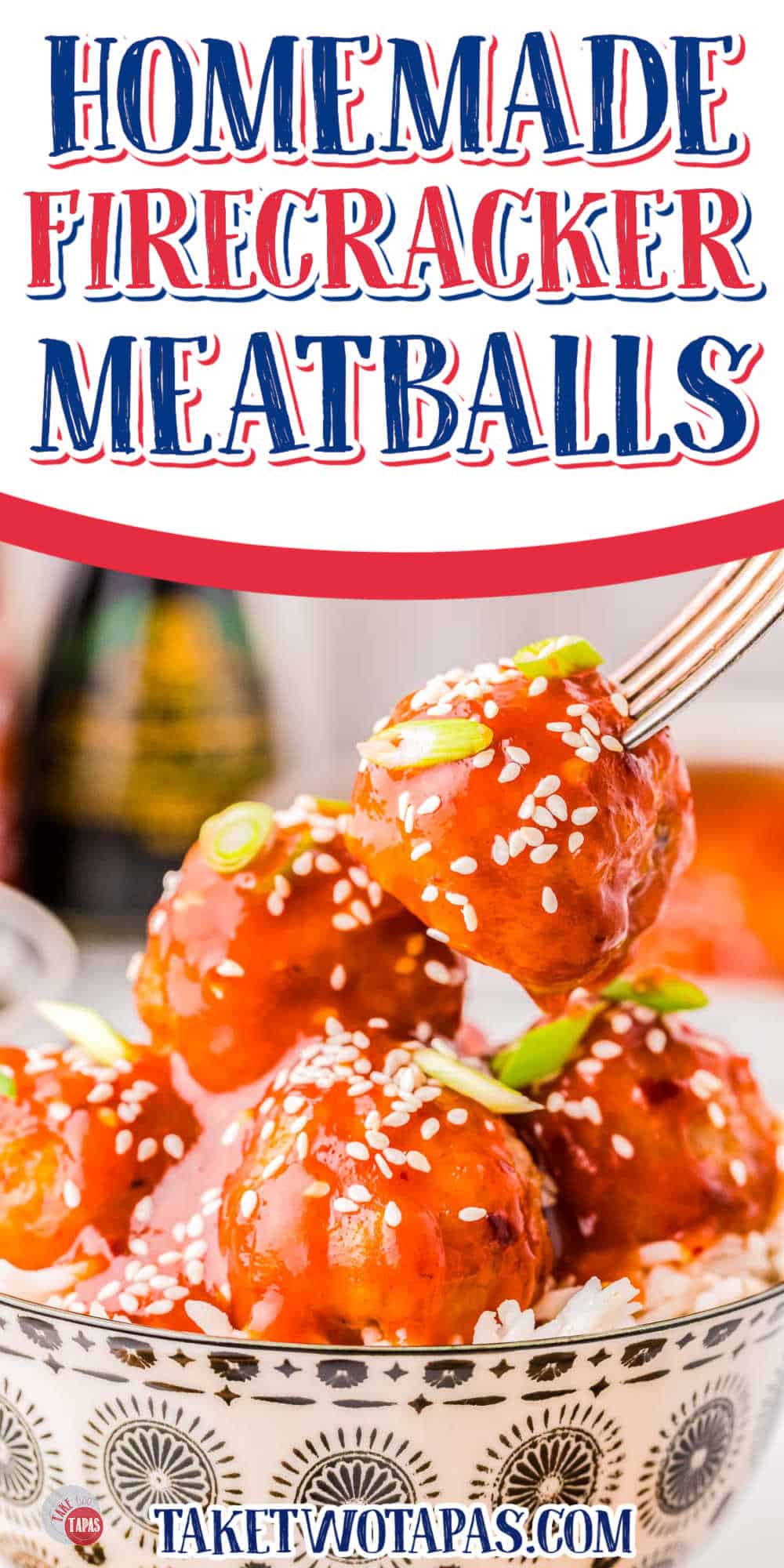 fork with meatball over a bowl of rice with a white banner and text