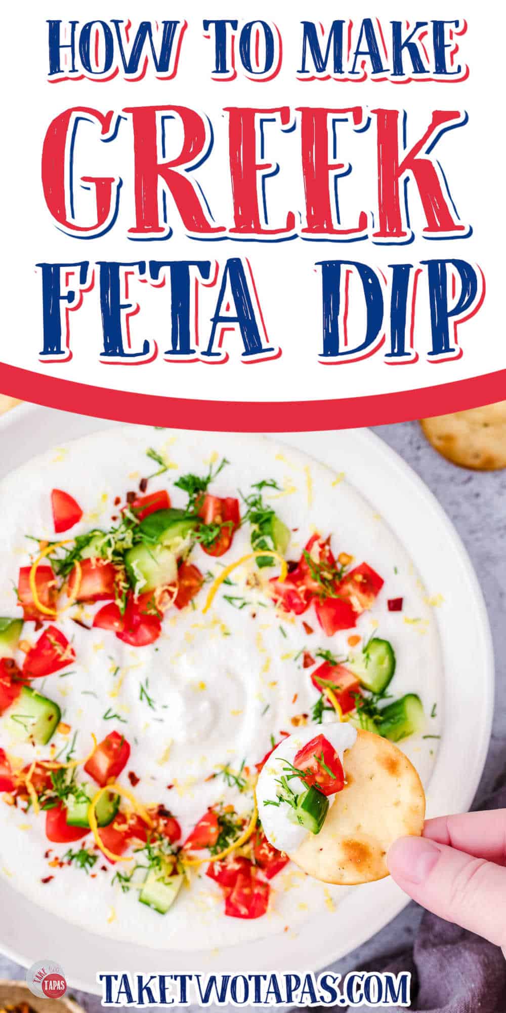 bowl of feta dip topped with dill with a white banned and blue text