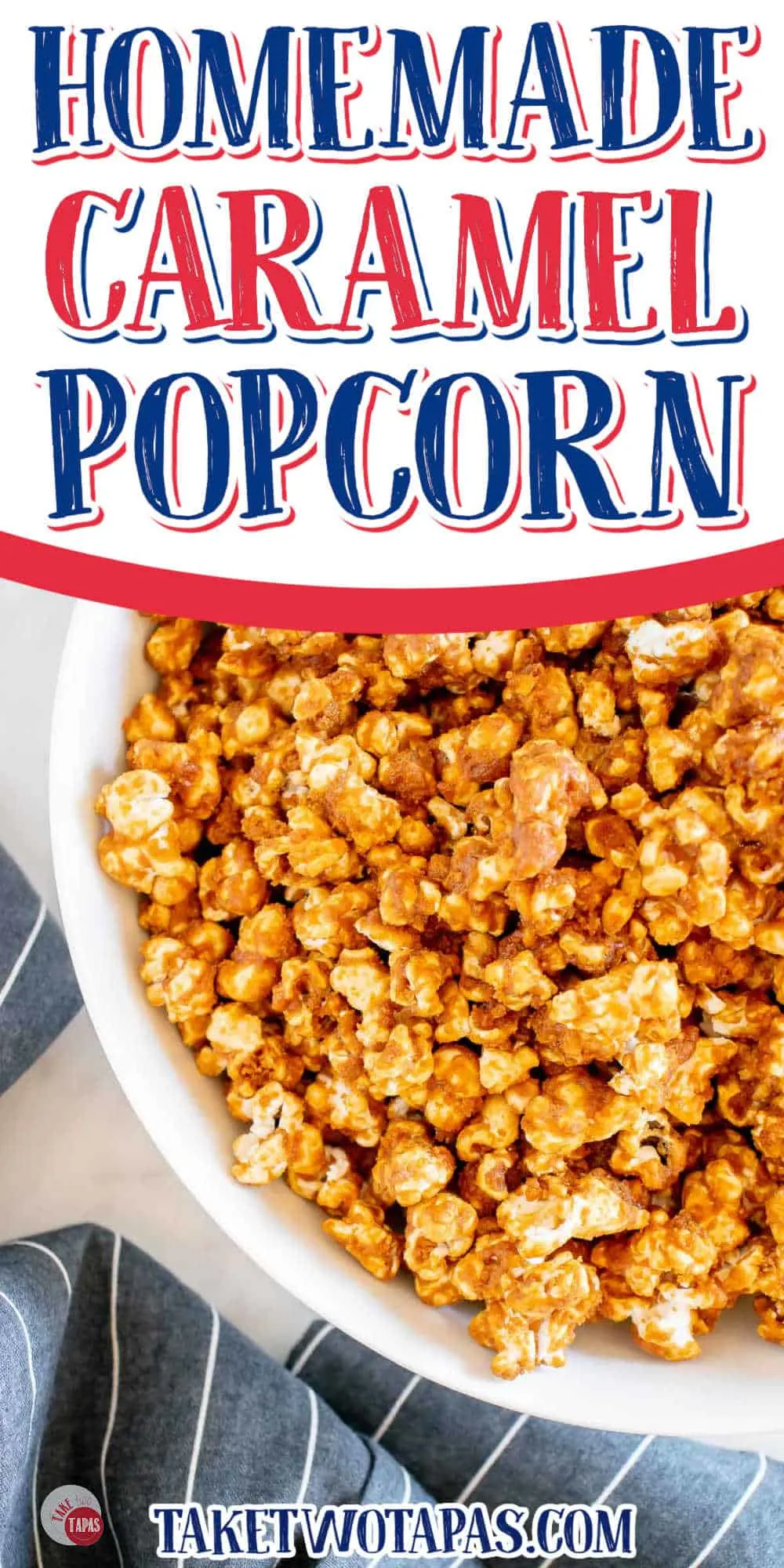 bowl of salted caramel popcorn with white banner and text
