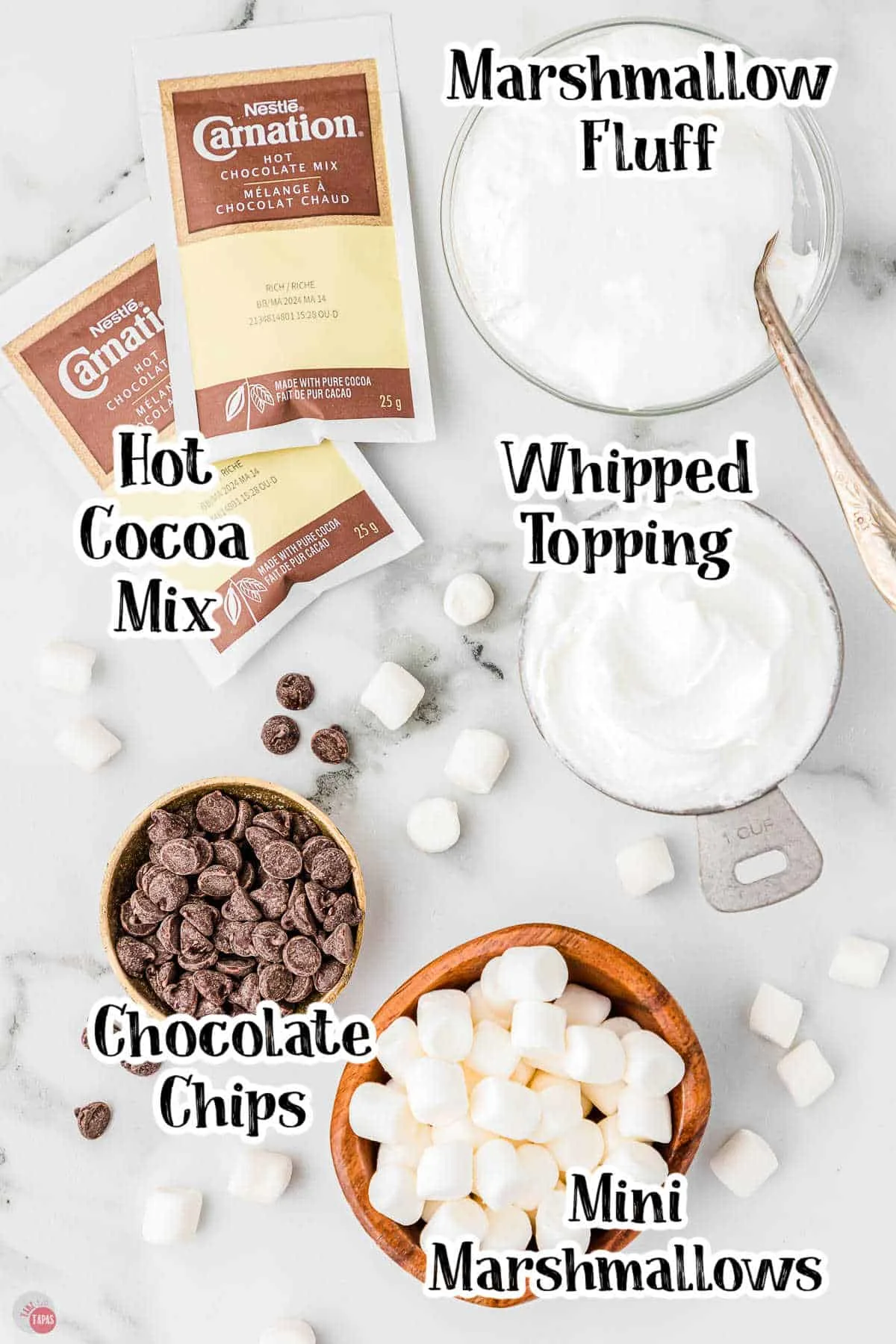 labeled picture of hot cocoa dip ingredients in a bowl