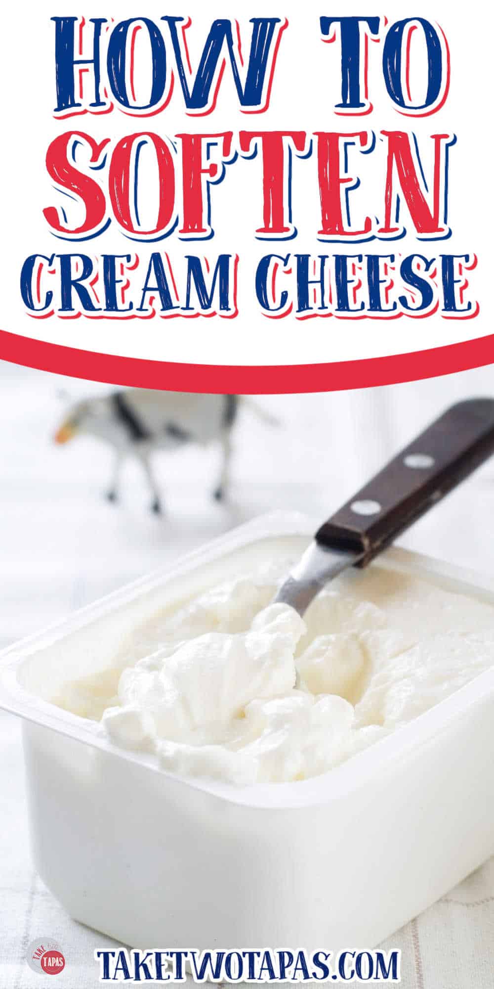tub of cream cheese with spreader and white banner and red text