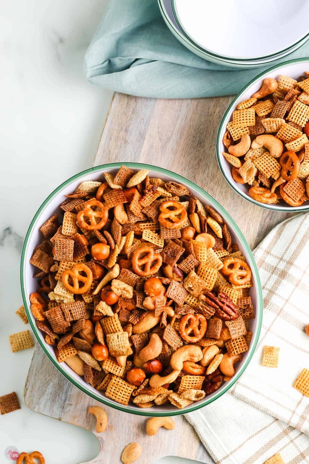 two bowls of chex mix for a crunchy snack