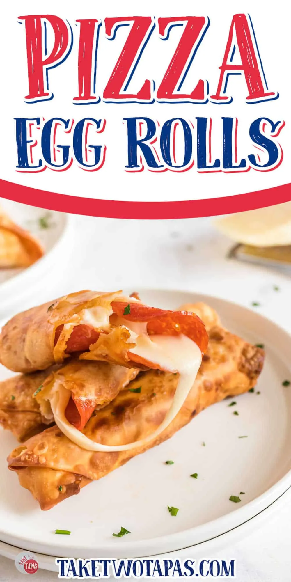 plate of pizza egg rolls broken open and cheese melting out