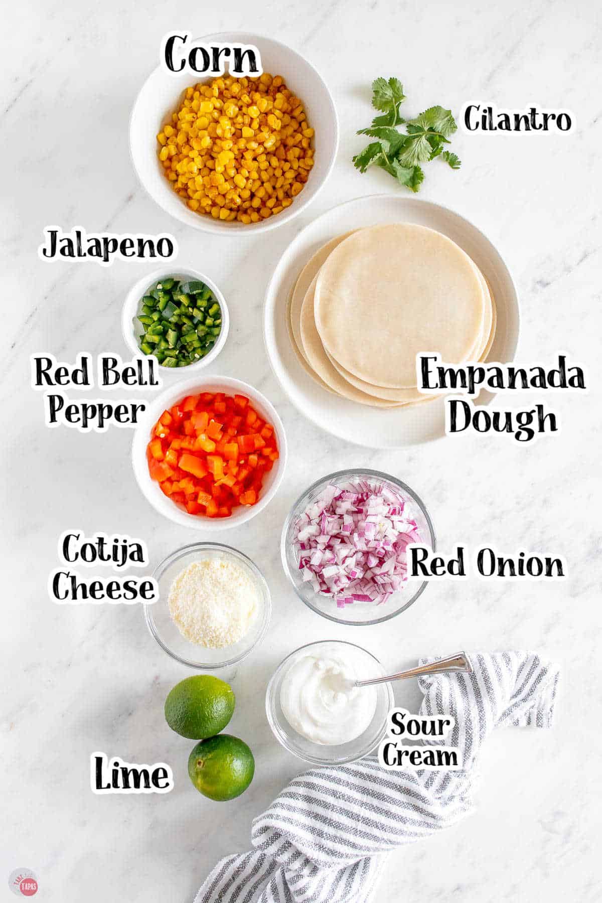 labeled picture of ingredients in clear bowls