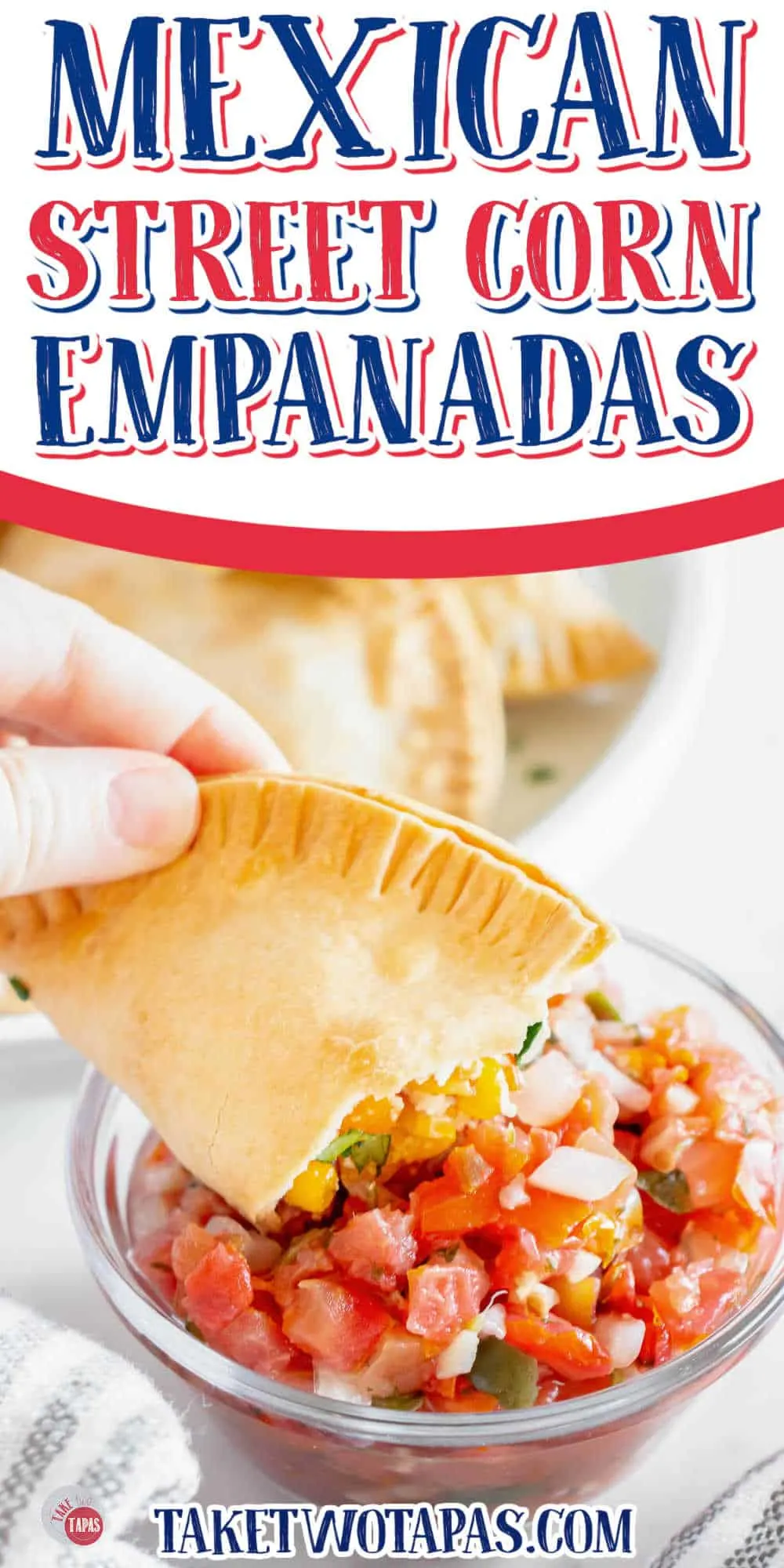 hand dipping a hand pie in a bowl of salsa with white banner and text