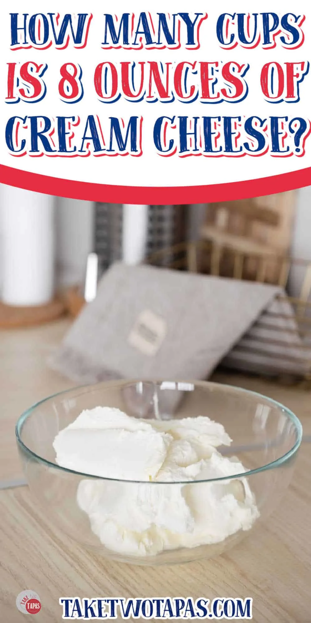 clear bowl of softened cream cheese with white banner and text