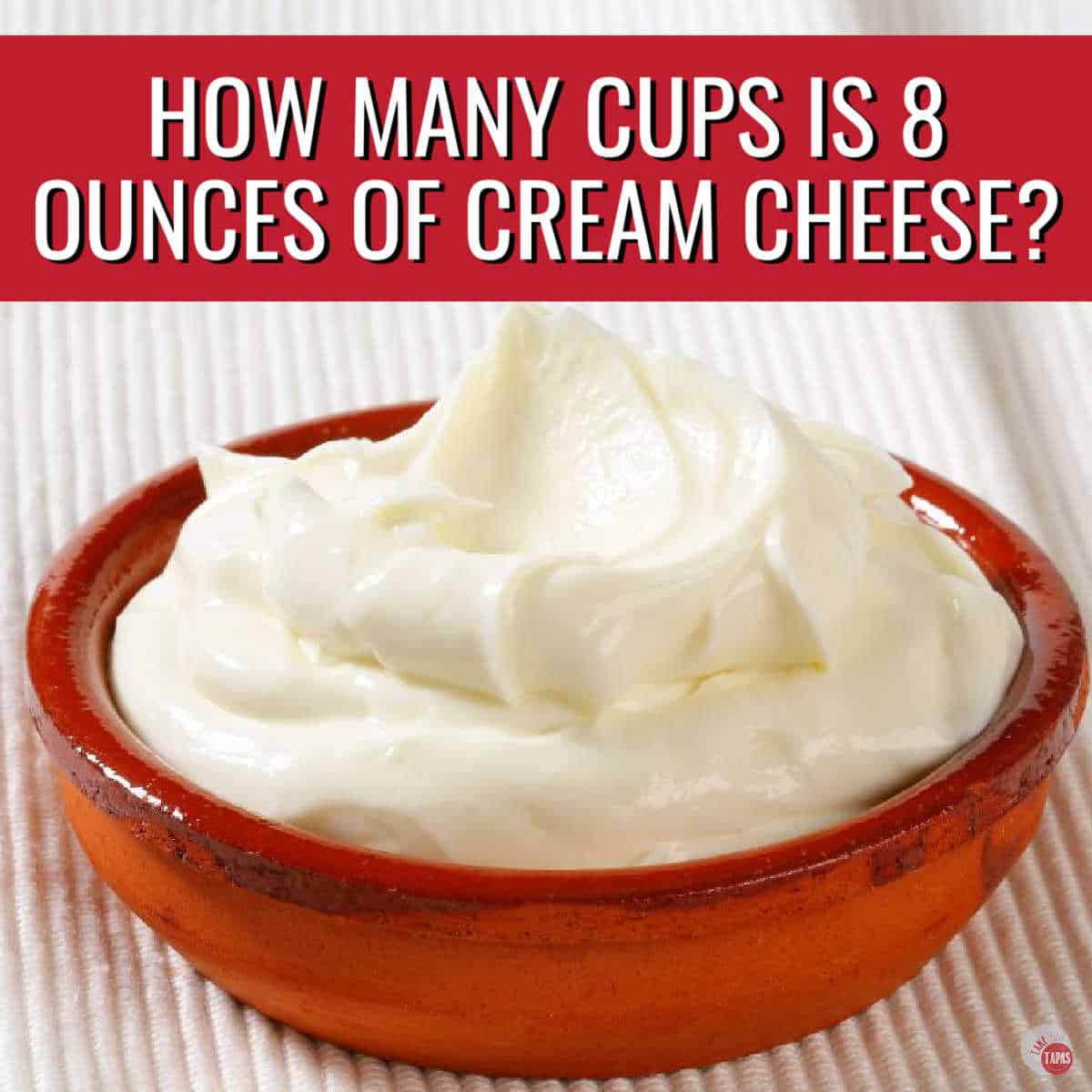 red bowl of cream cheese with red banner and text