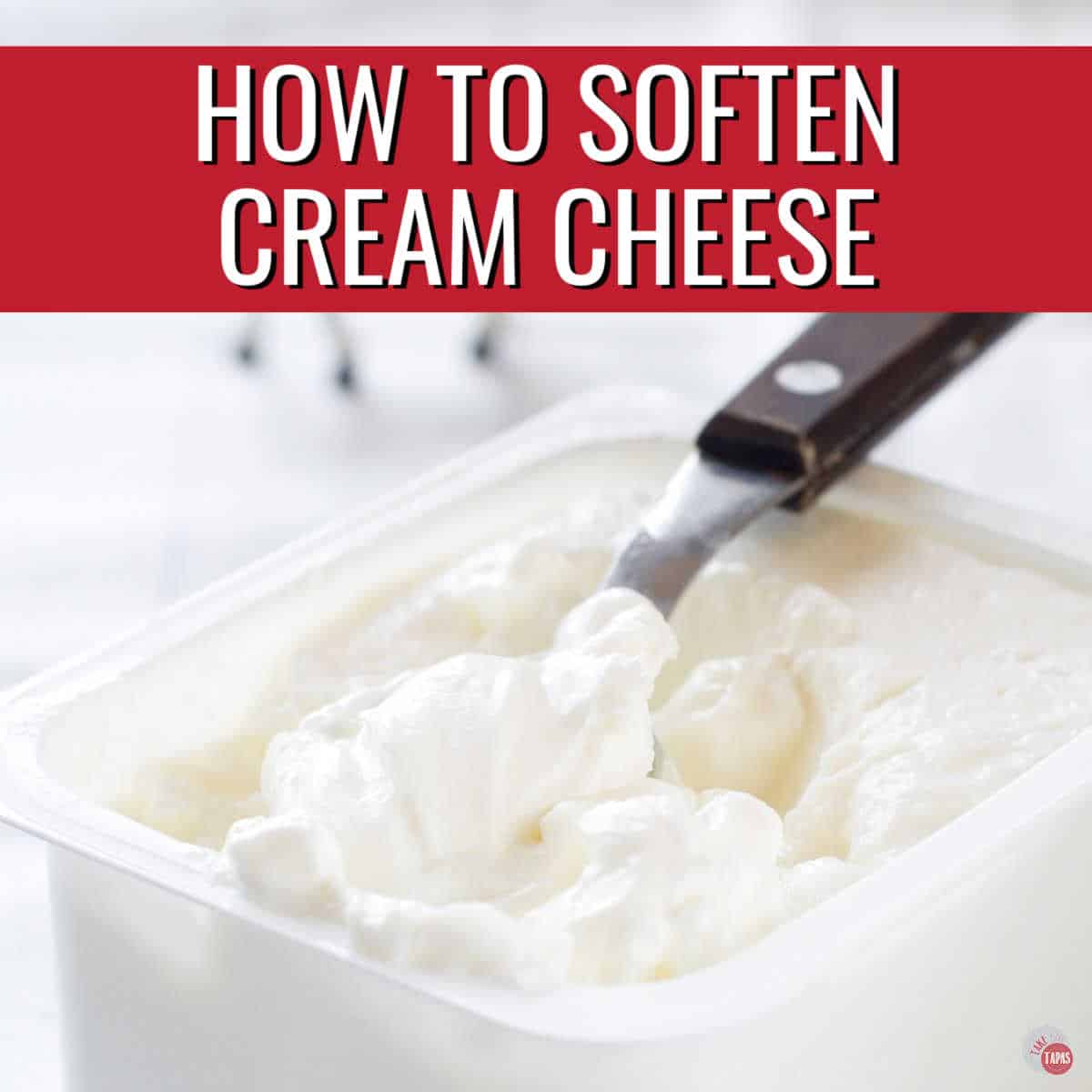 tub of cream cheese with red banner and white text