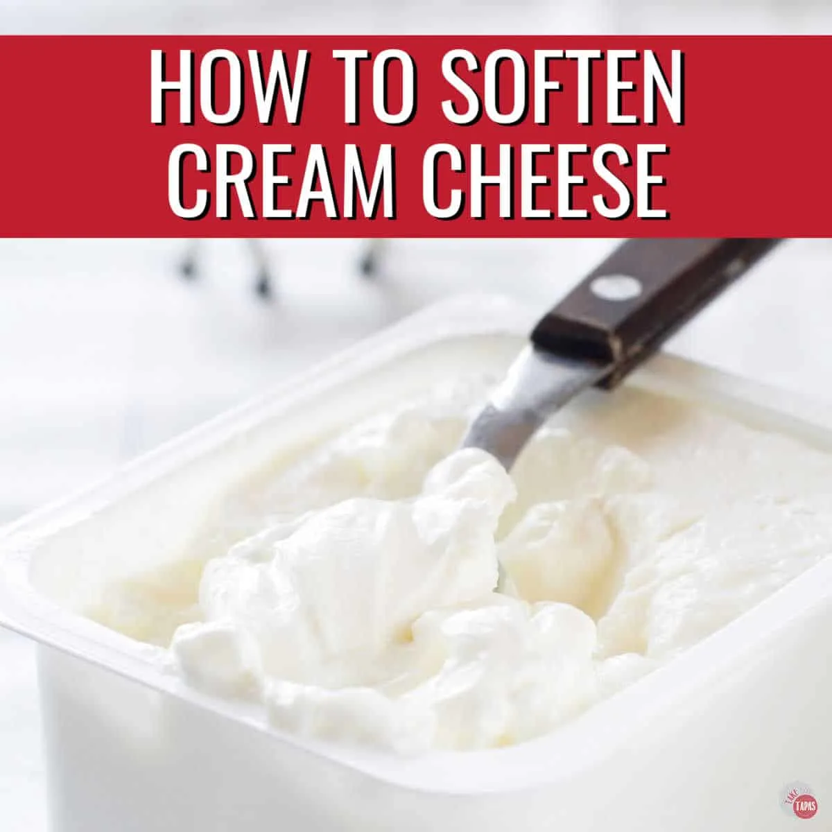 tub of cream cheese with red banner and white text