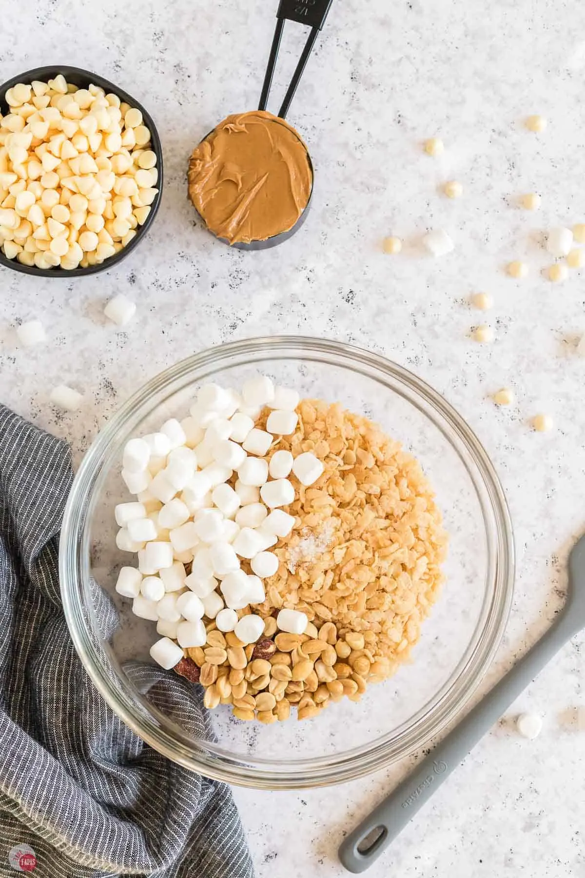 marshmallows, cereal, and peanuts in a bowl
