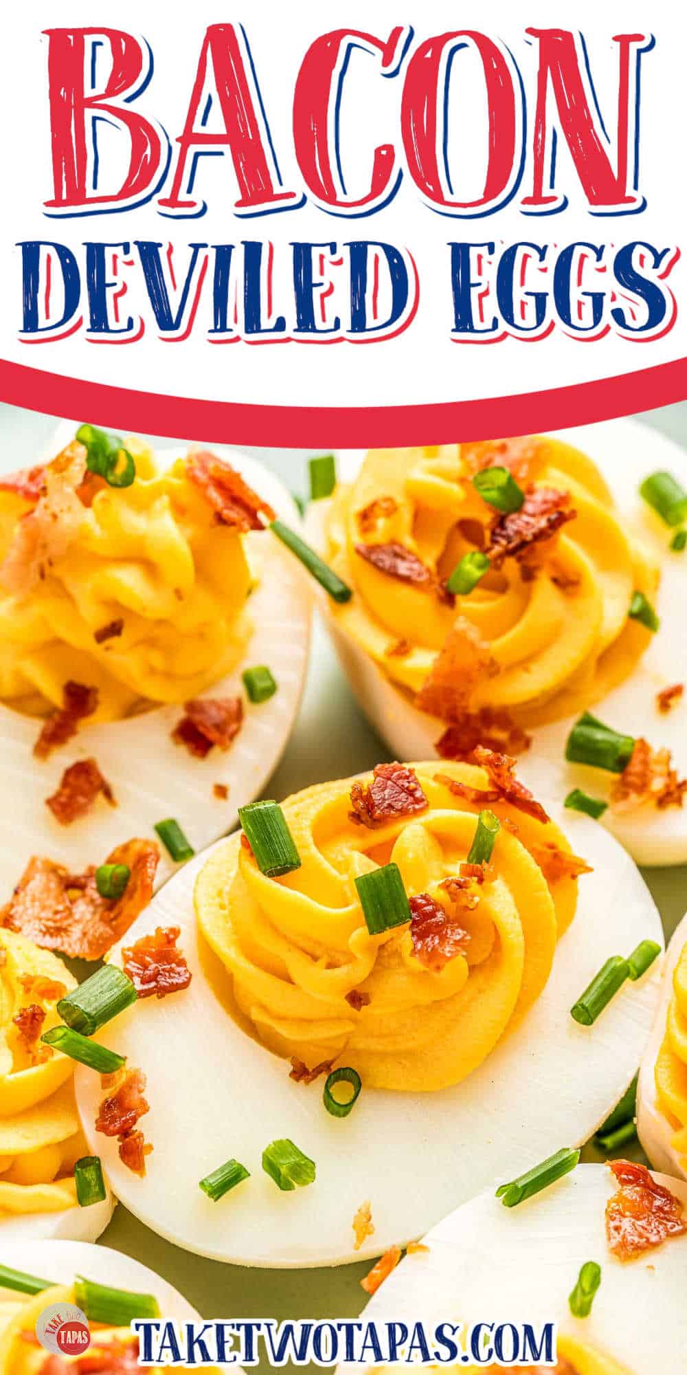 close up of deviled egg topped with bacon and a white banner with red text