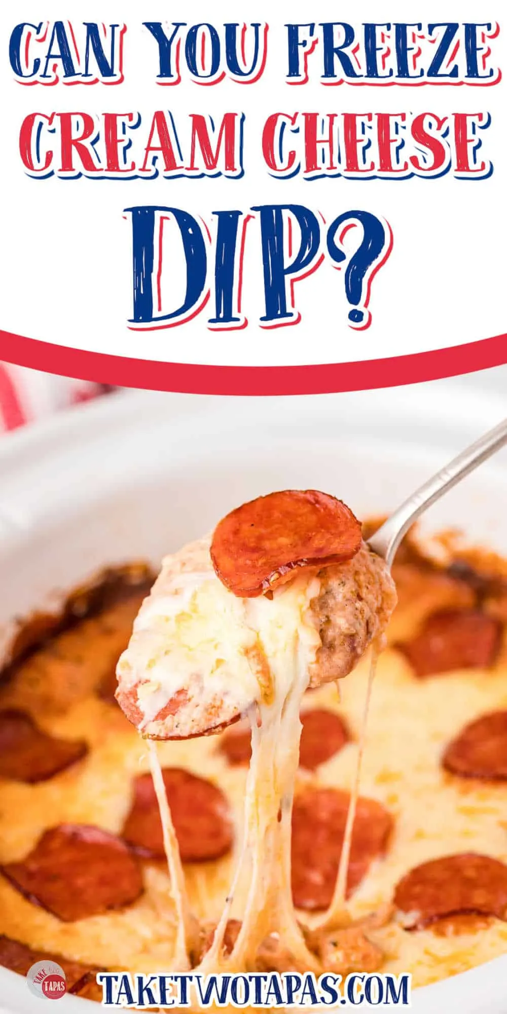 spoon of dip with pepperoni and white banner with red text