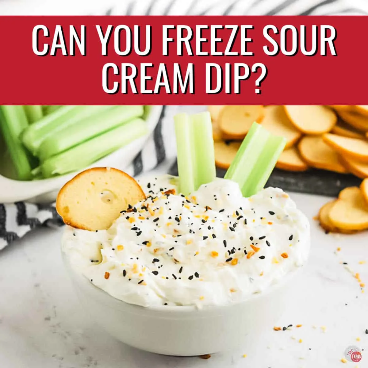 bowl of dip with red banner and text