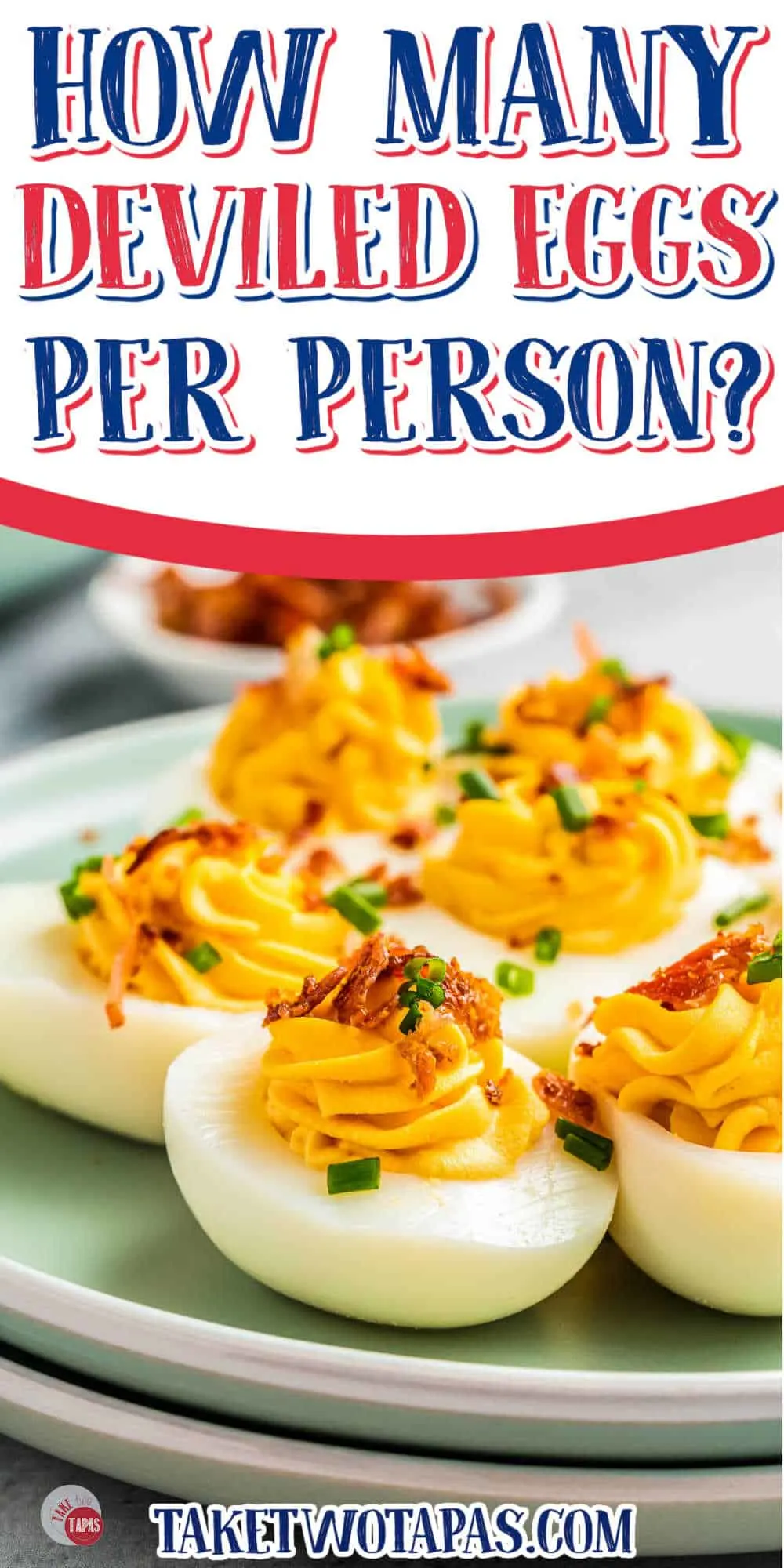 tray of piped eggs with chives and a white banner with red text