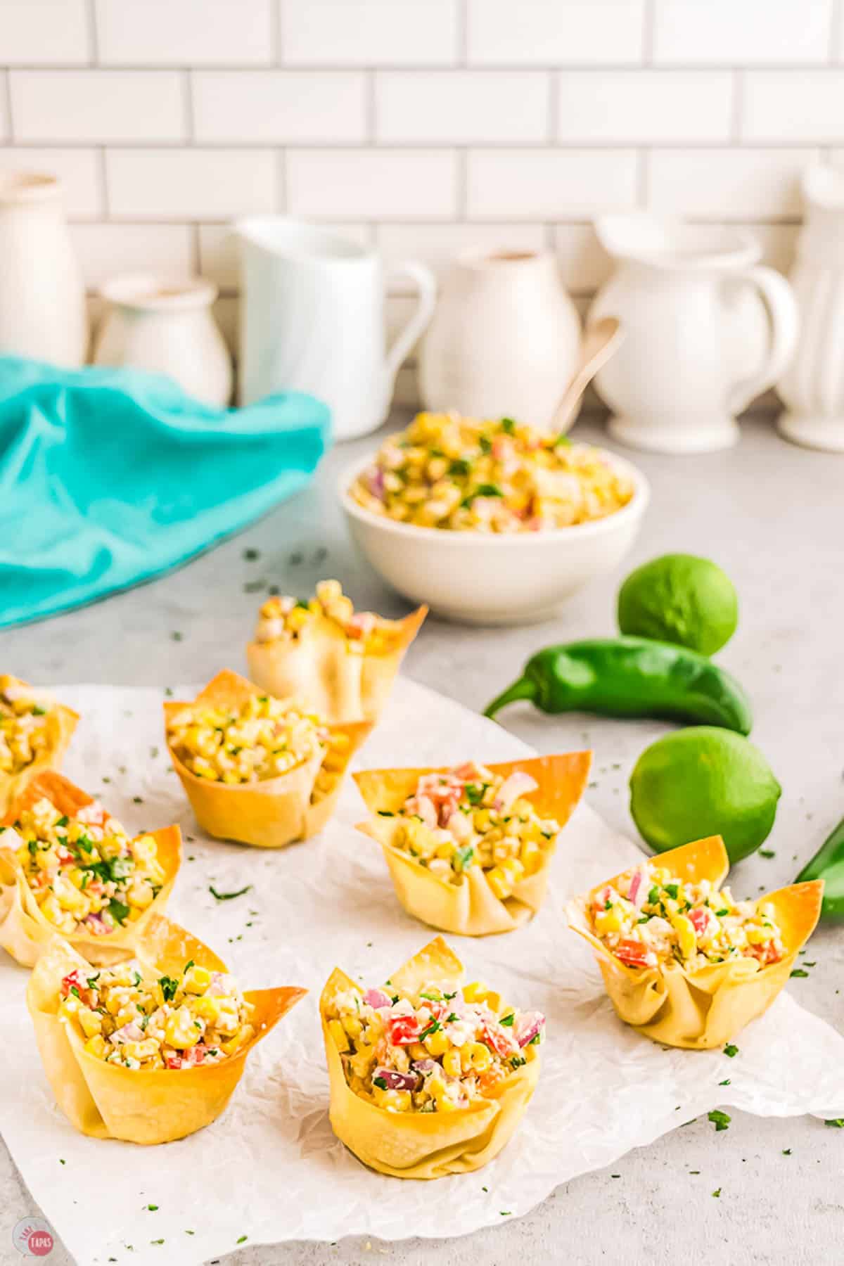 small wonton cups with street corn