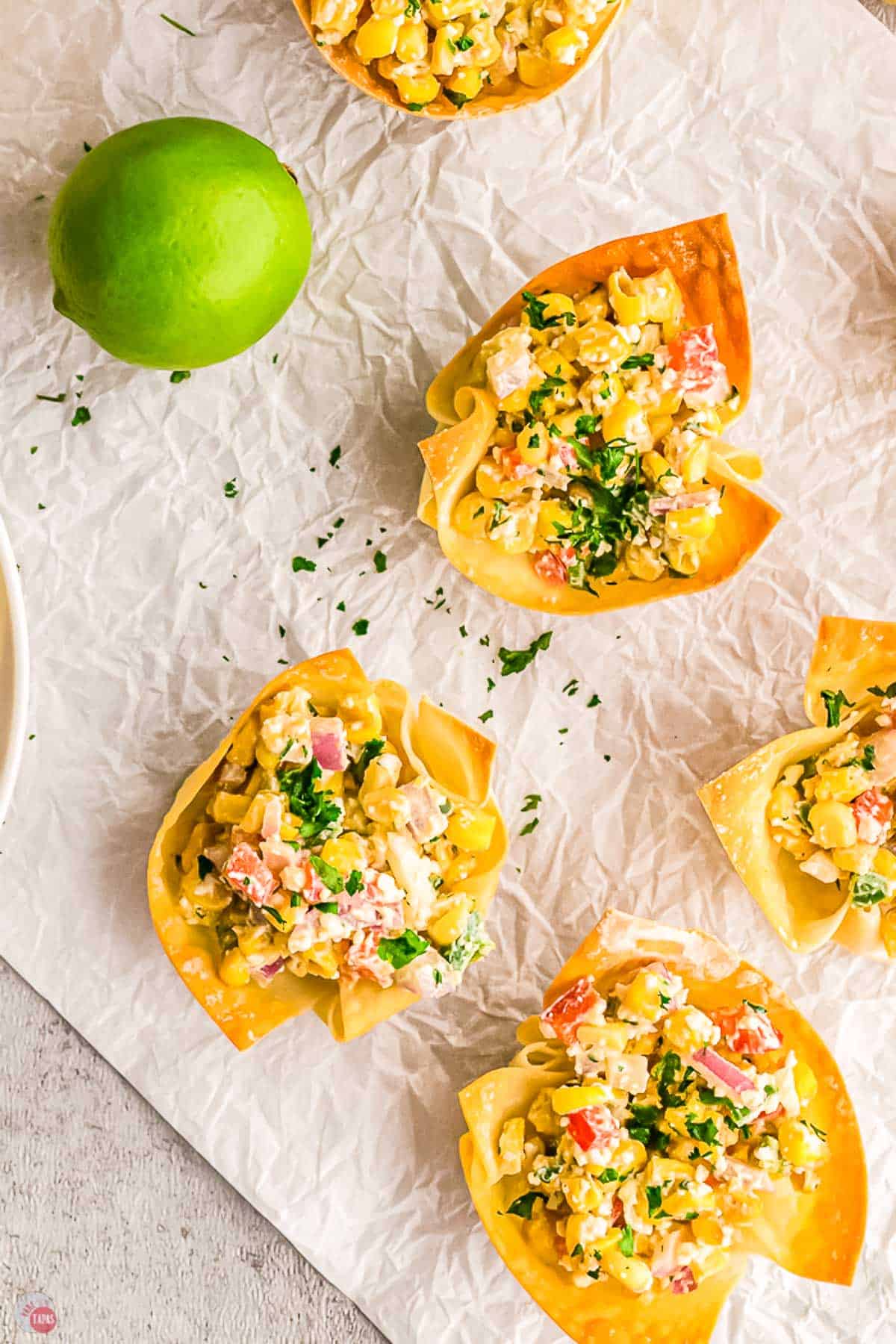 overhead wonton cups with corn filling